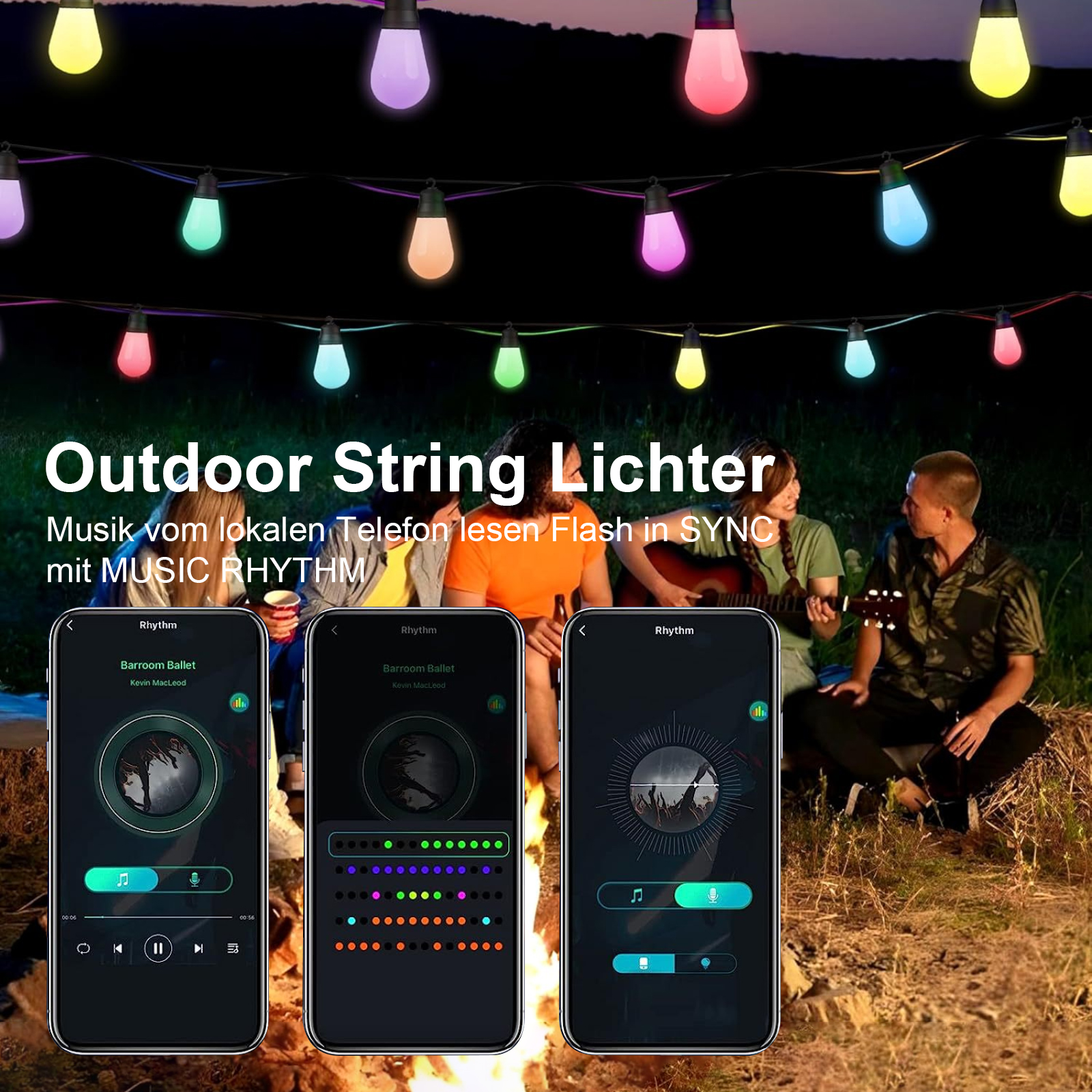 Drei Telefone zeigen Musik-App-Steuerelemente mit mehrfarbigen Outdoor-Lichterketten im Hintergrund.