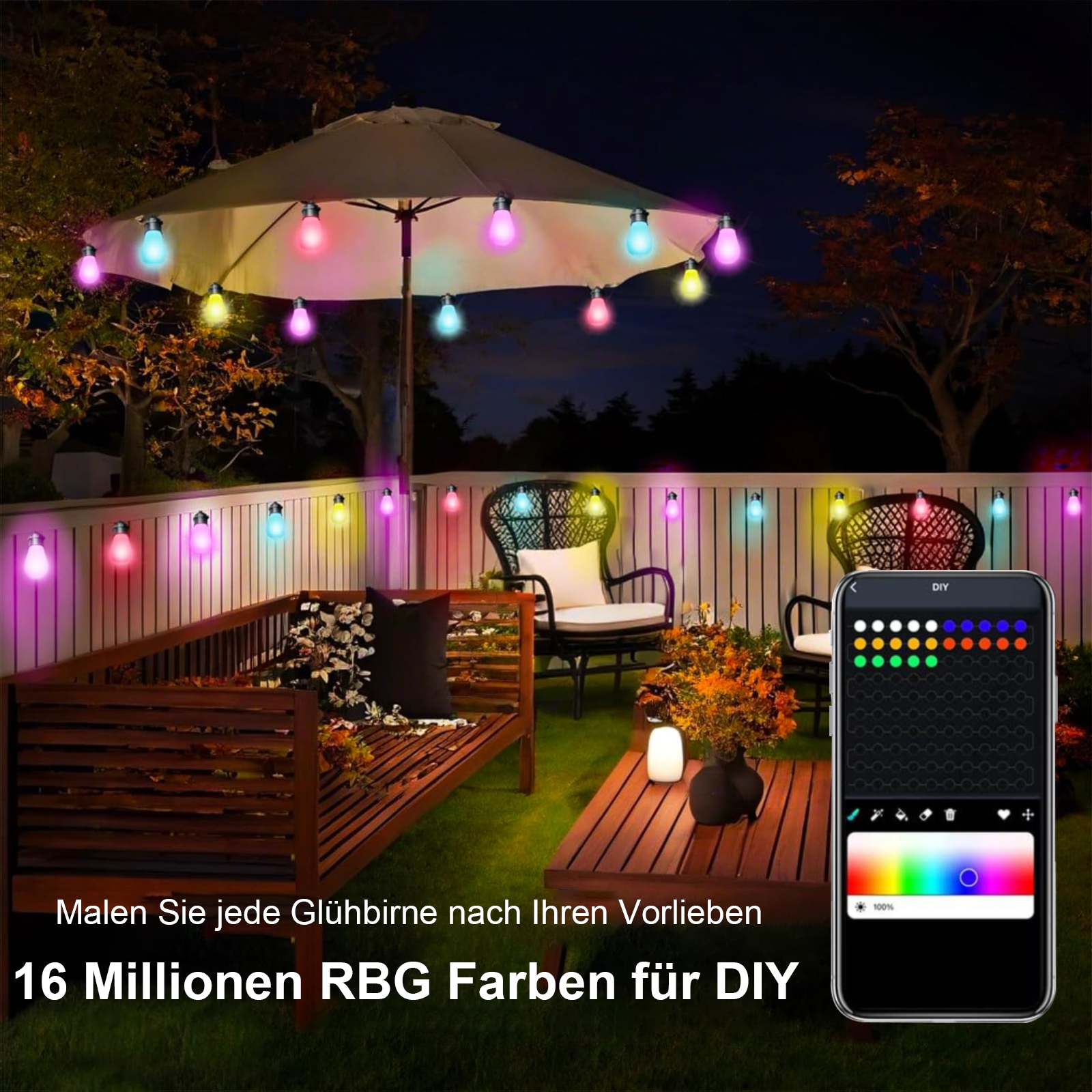 Szene im Freien mit Lichterketten, Möbeln, Handy-Oberfläche und Text über 16 Millionen RGB-Farben.