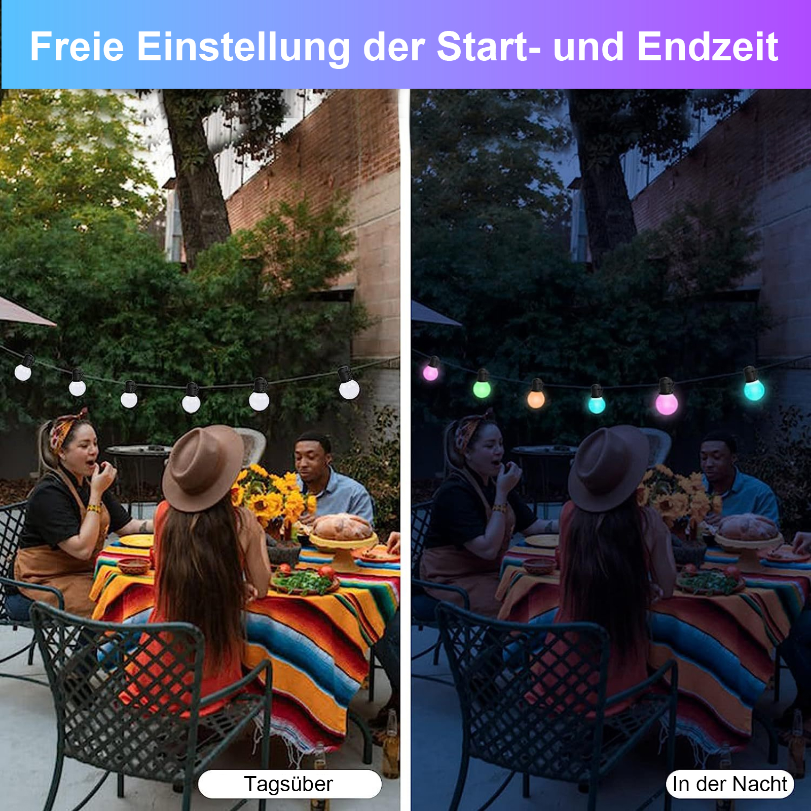 Menschen sitzen draußen bei Nacht und am Tag. Lichterketten sind nachts an und tagsüber aus. Zwei Szenen.
