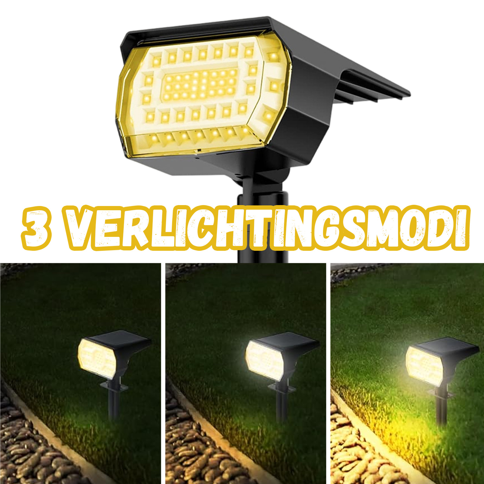 Solarlicht mit gelbem Licht, das drei verschiedene Lichtmodi mit weißem Hintergrund zeigt.