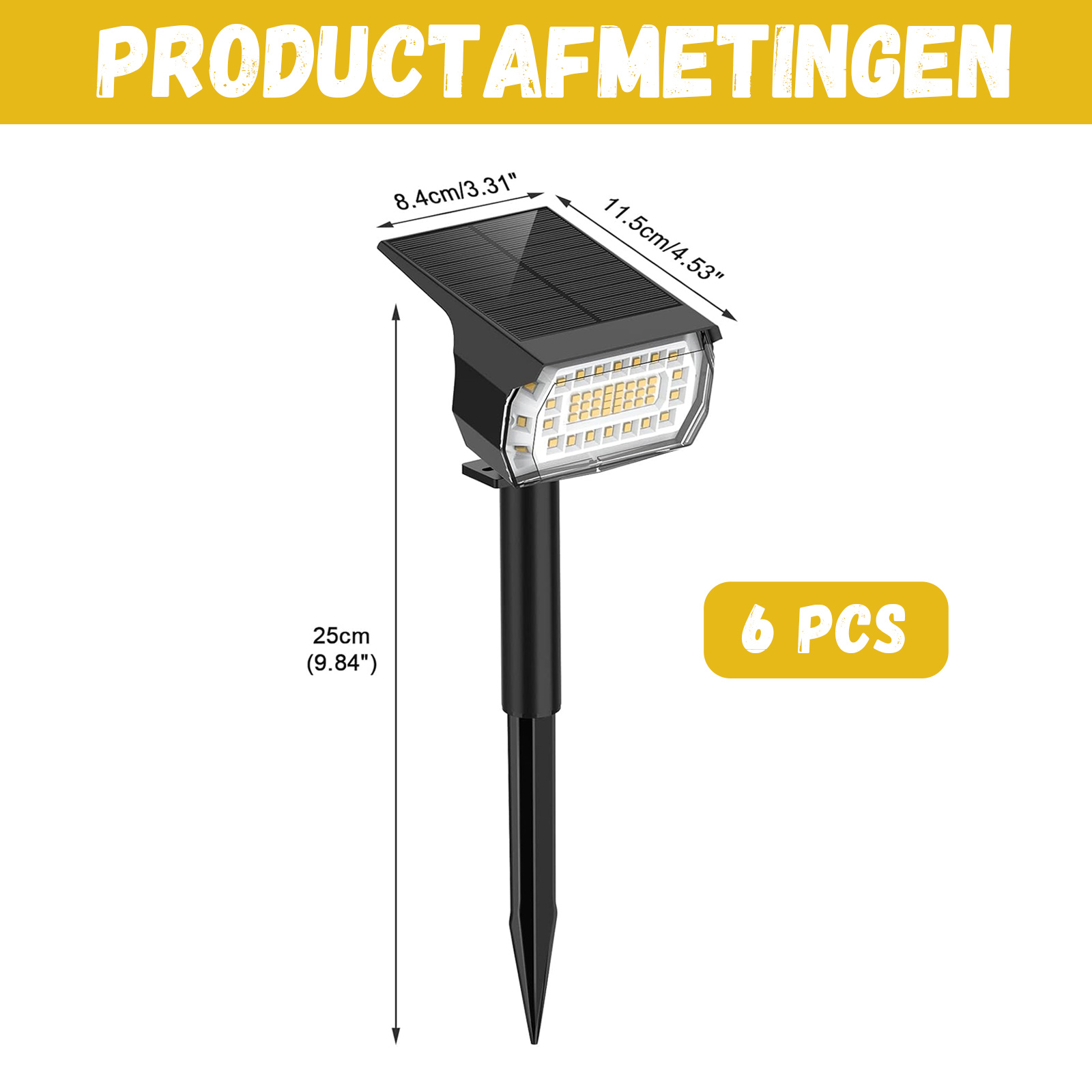 Schwarzes Solarlicht mit Abmessungen, zeigt die Größe in cm und Zoll auf weißem Hintergrund.