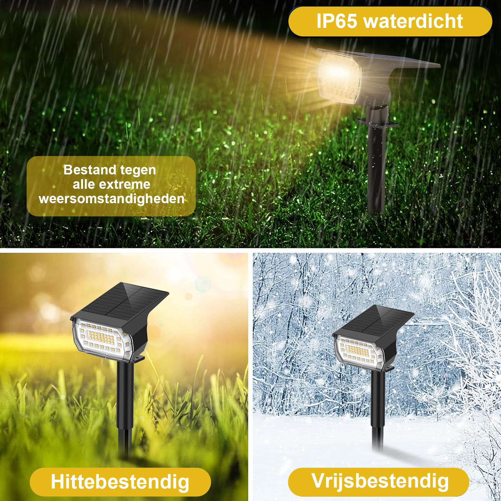 Solarlicht bei Regen und Schnee, mit Text, der Wasserbeständigkeit und wetterfeste Eigenschaften angibt.