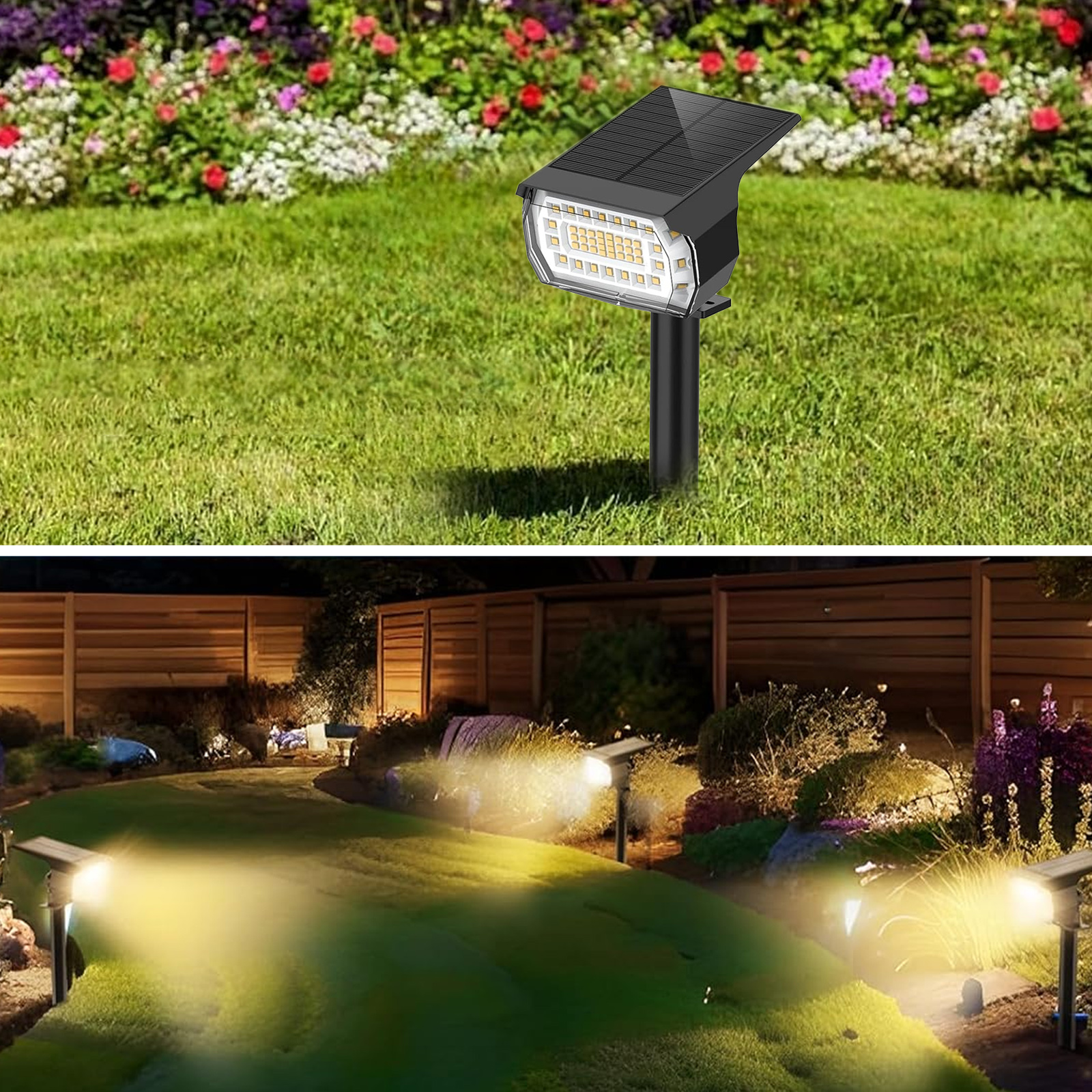 Solarleuchten in einem Garten. Oben: Licht im Gras. Unten: Lichter auf einem Weg. Grünes Gras im Vordergrund.