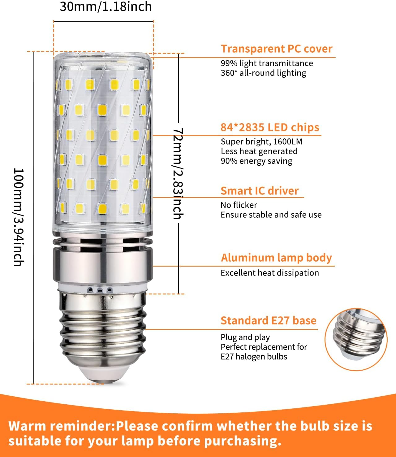 Nahaufnahme einer E27-LED-Lampe, die Abmessungen und technische Spezifikationen zeigt.