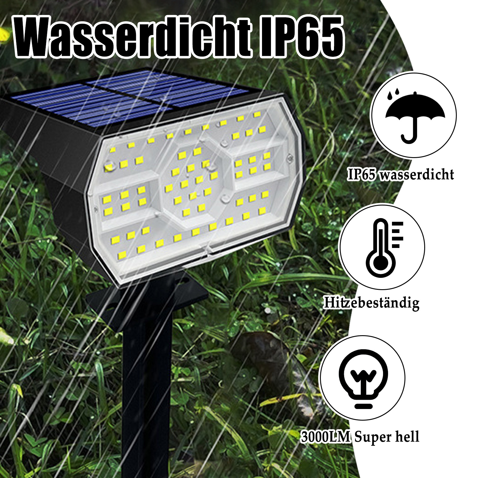 Eine Solarleuchte im Regen mit Text, der wasserdichte, hitzebeständige und superhelle Eigenschaften zeigt.