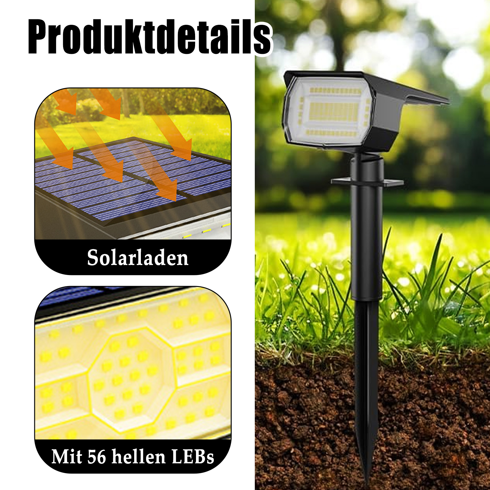 Nahaufnahme von Solarpanel und Lampe, mit Text über Solarladung und 56 hellen LEDs.