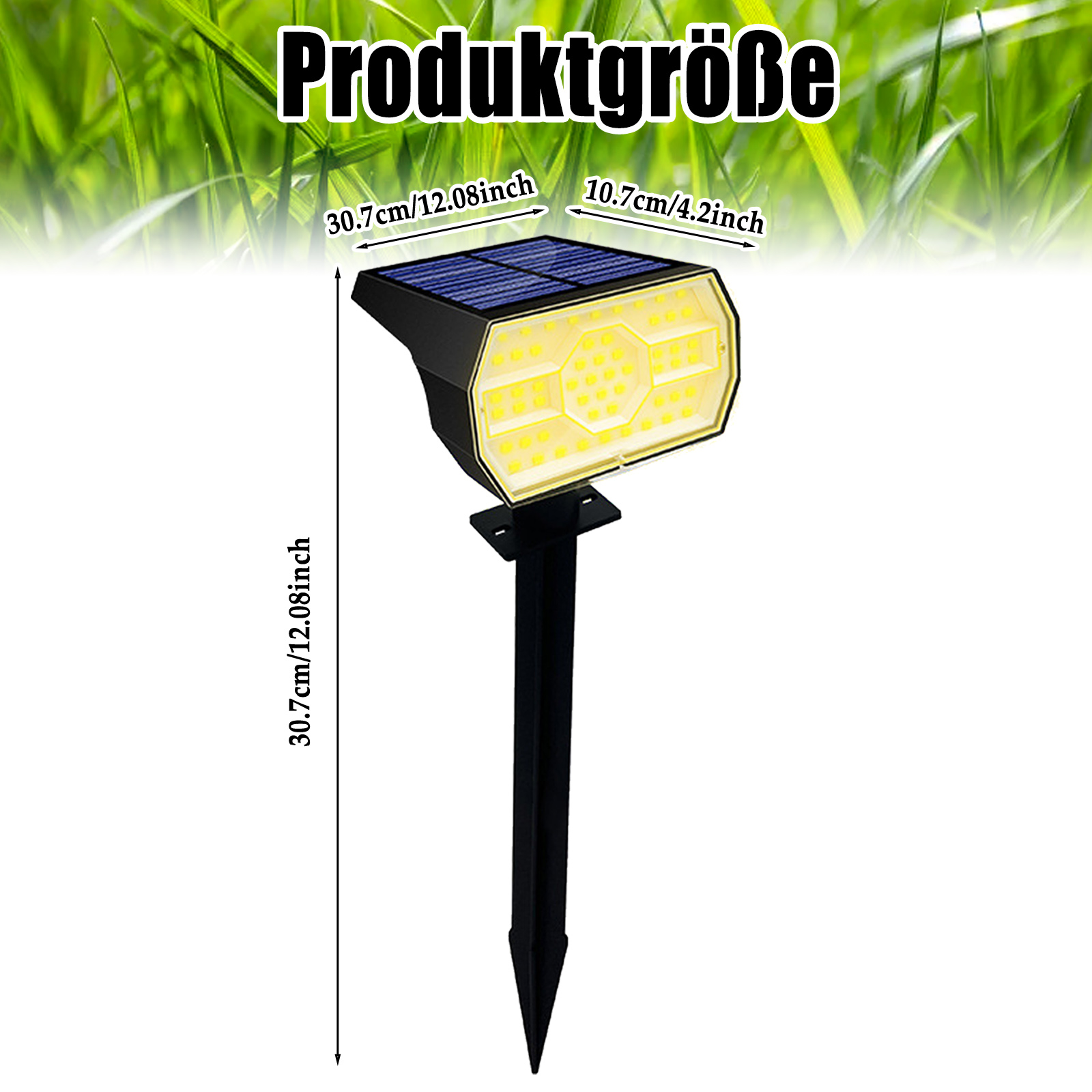 Solar-Spot mit Abmessungen, im Gras vor grünem Hintergrund.