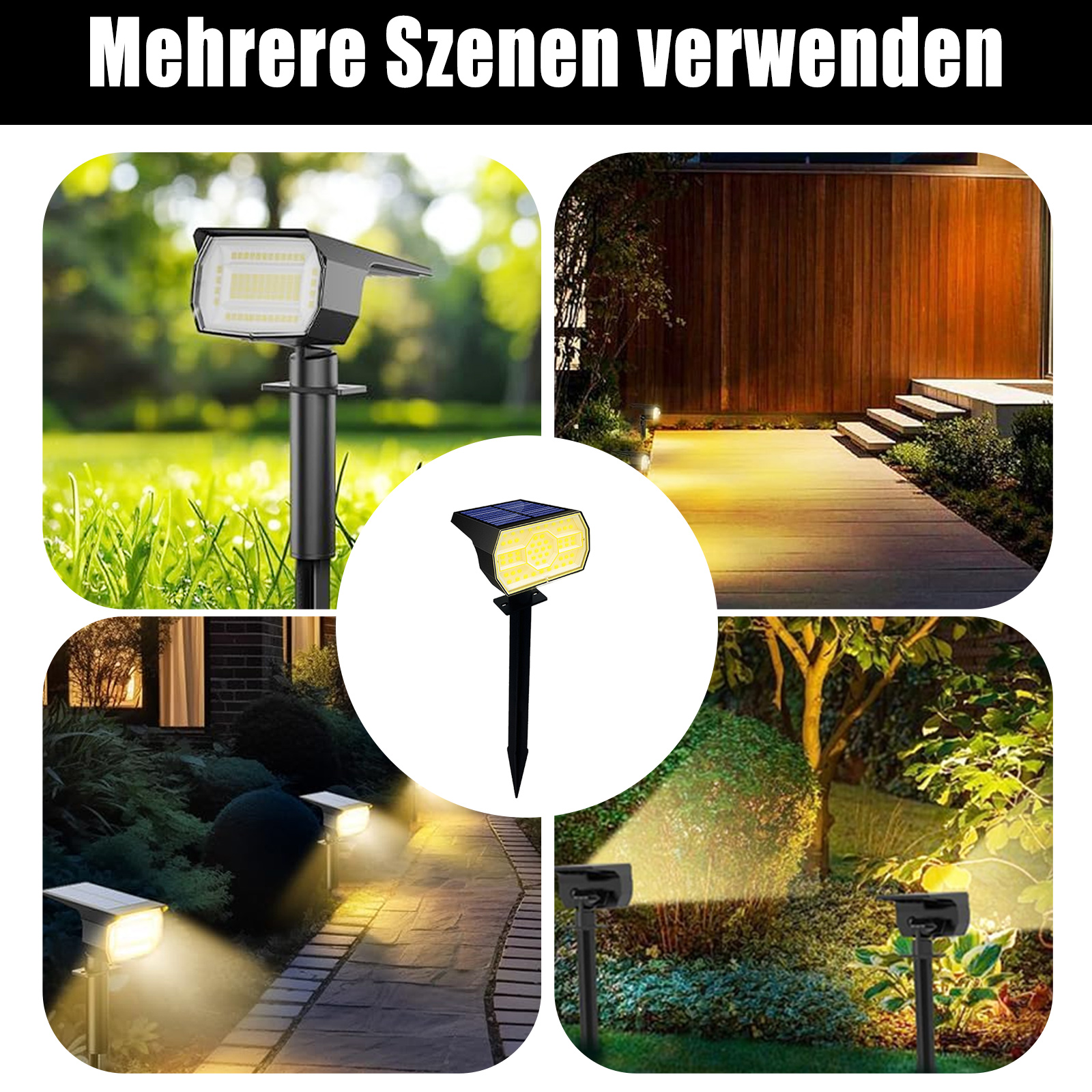 Vier Bilder von Solar-Strahlern in verschiedenen Außenbereichen, die Anwendungsfälle veranschaulichen.