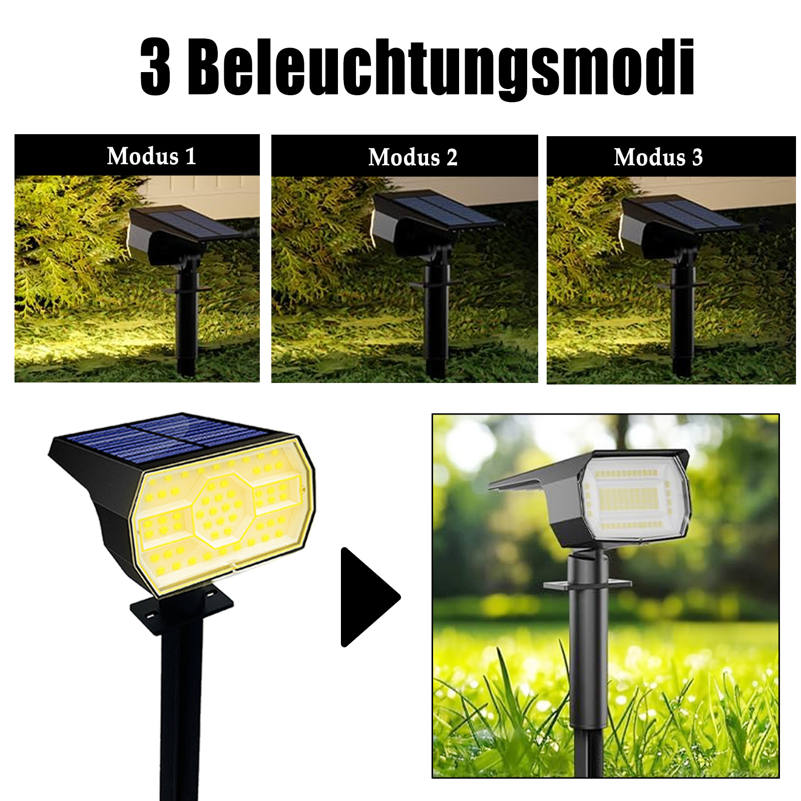 Solar-Gartenleuchten mit drei Lichtmodi. Einer ist voll beleuchtet, zwei andere gedimmt.