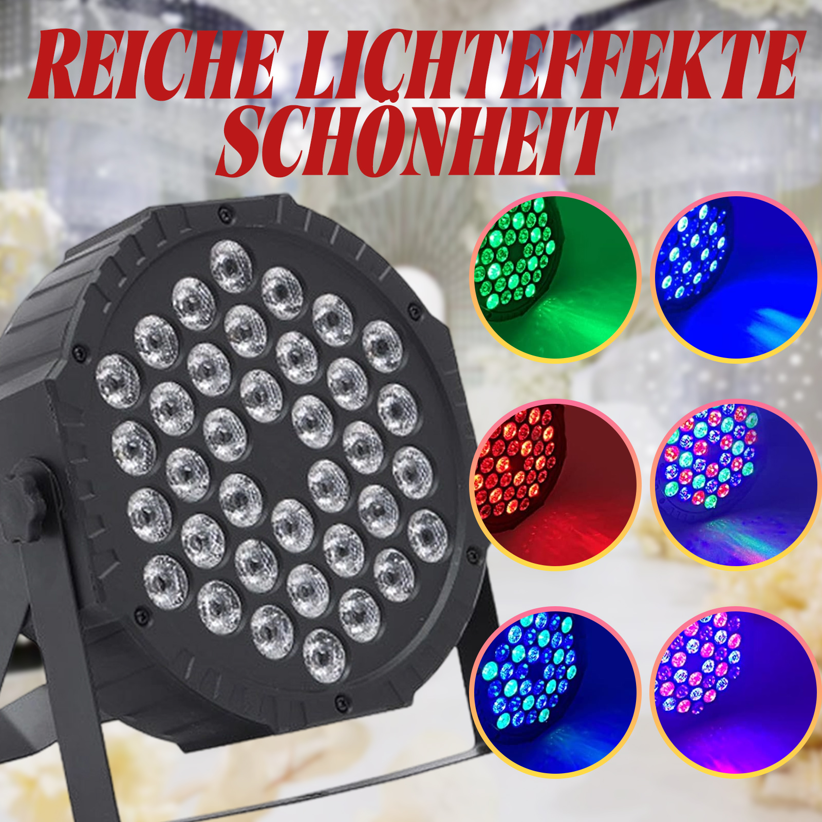 Ein schwarzes, rundes LED-Bühnenlicht mit unterschiedlich farbigen Lichtern in kleinen Kreisen.