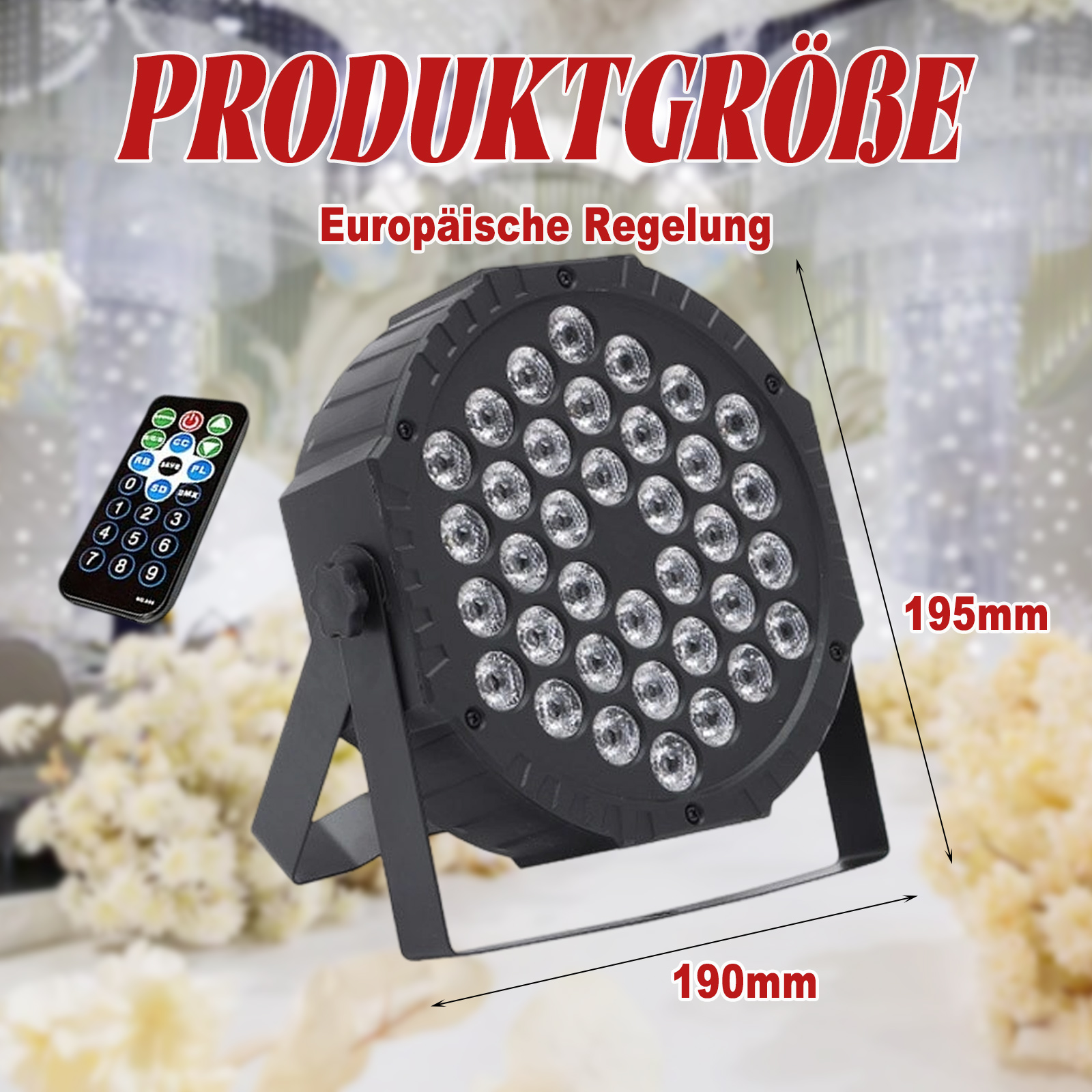 Ein schwarzes Bühnenlicht mit Fernbedienung und Größenangaben mit Etikett.