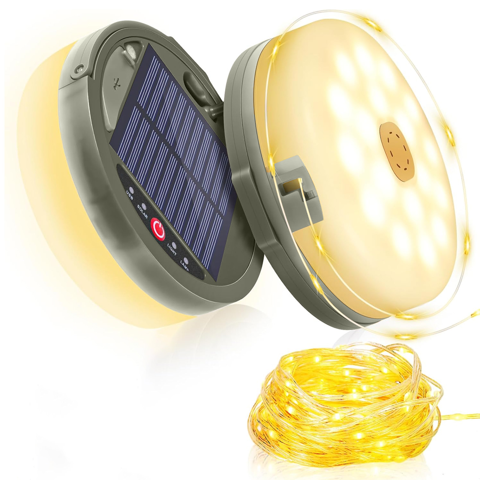Eine solarbetriebene Leuchte mit einem Lichtband und einem kleinen Lichtstapel. USB- und Solarladeoptionen werden angezeigt.