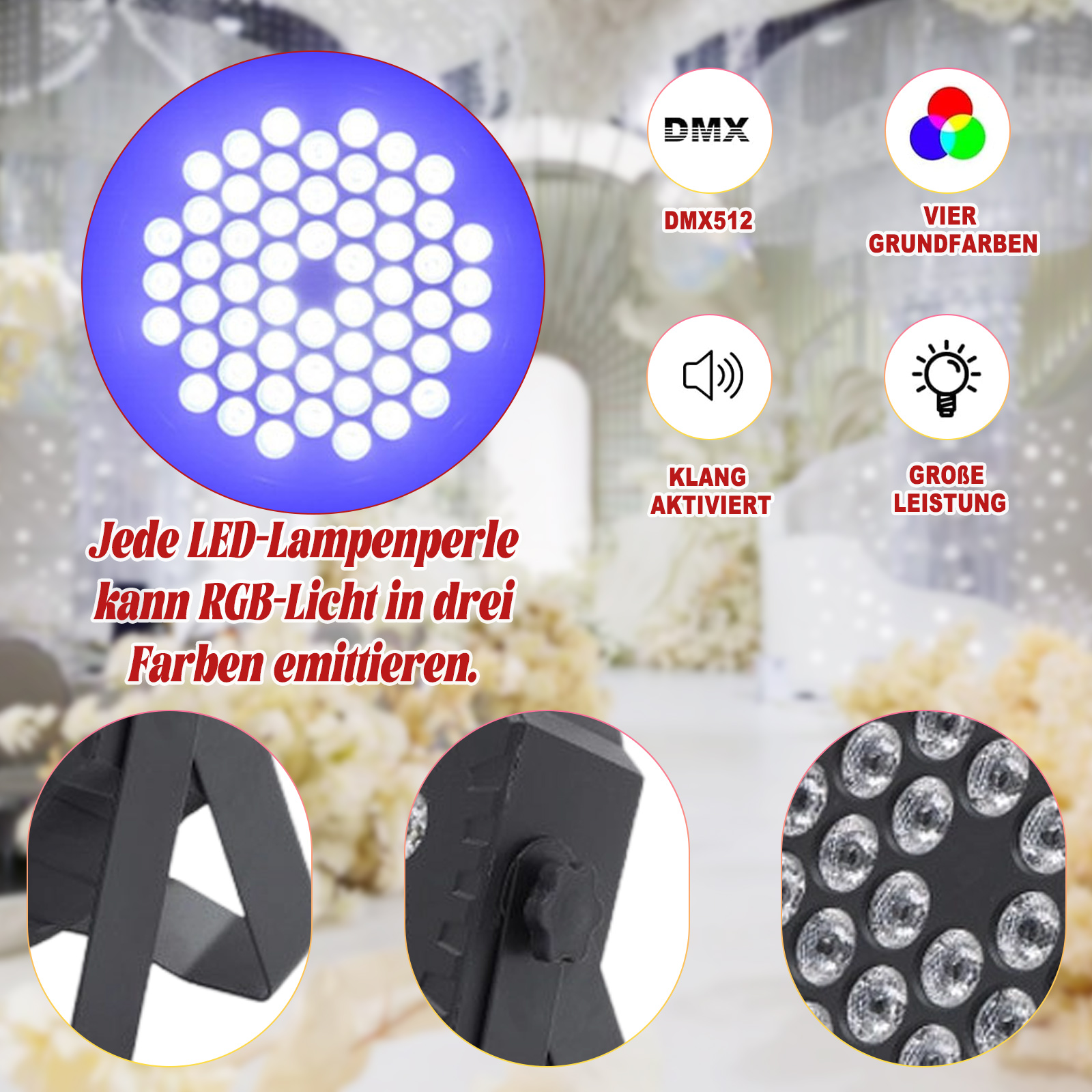 Nahaufnahme eines Bühnenlichts mit mehreren LEDs, mit deutschem Text auf dem Bild.