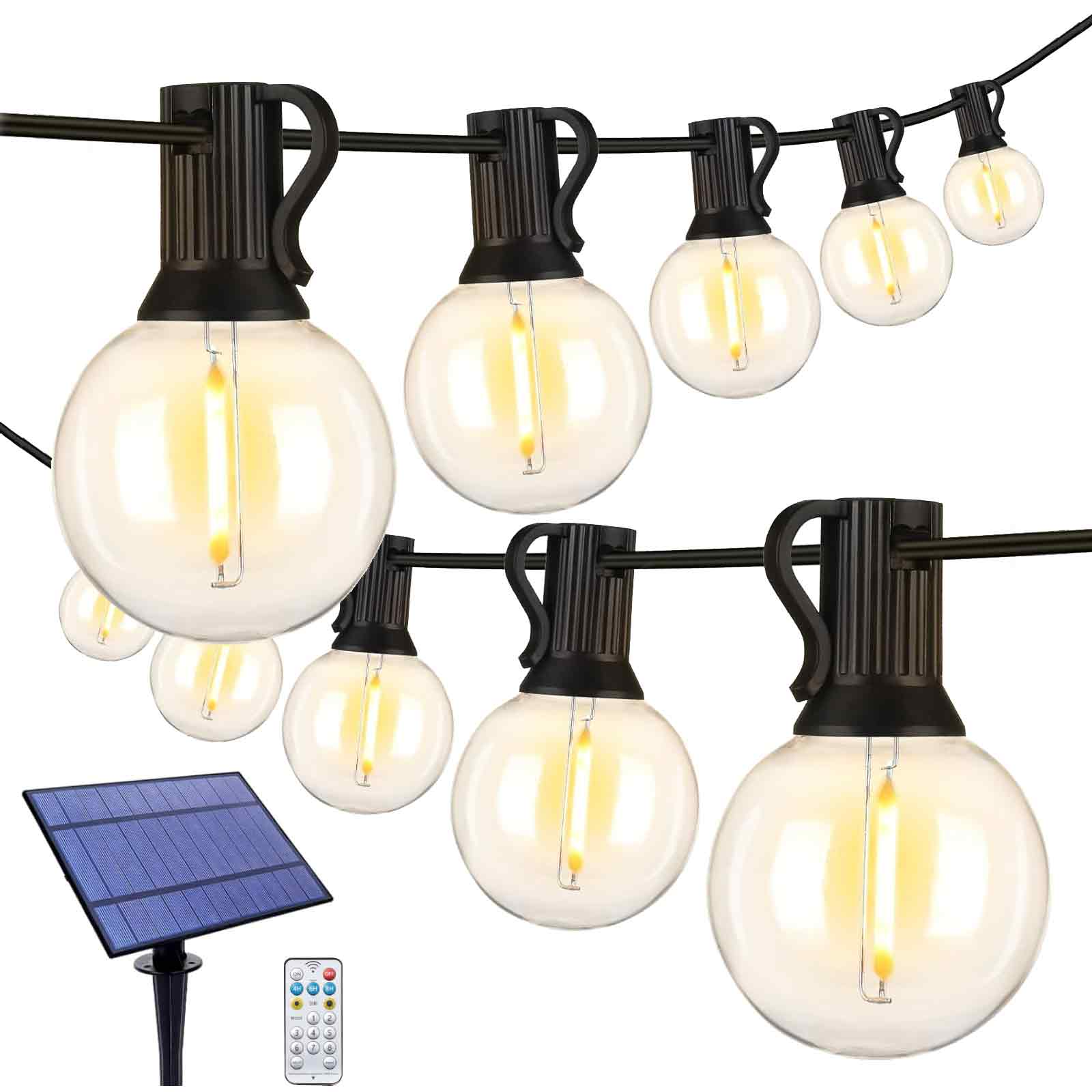 Lichterketten mit Glühbirnen, Solarpanel und Fernbedienung.
