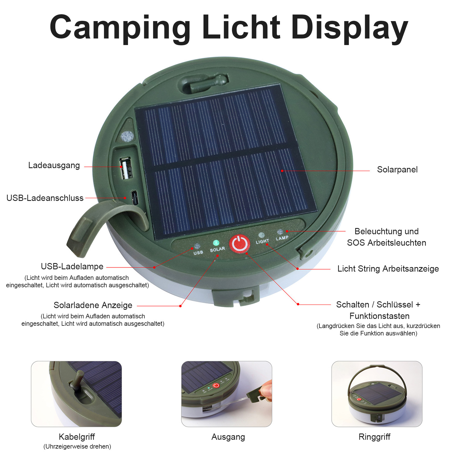 Grüne Camping-Leuchte mit Solarpanel und USB-Anschluss, beschriftet mit deutschem Text.