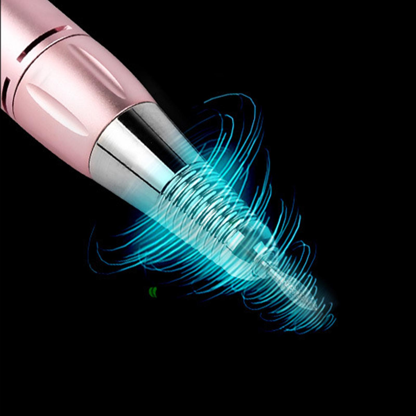 Pinke Nagelfräser-Spitze mit wirbelndem blauem Lichteffekt auf schwarzem Hintergrund.