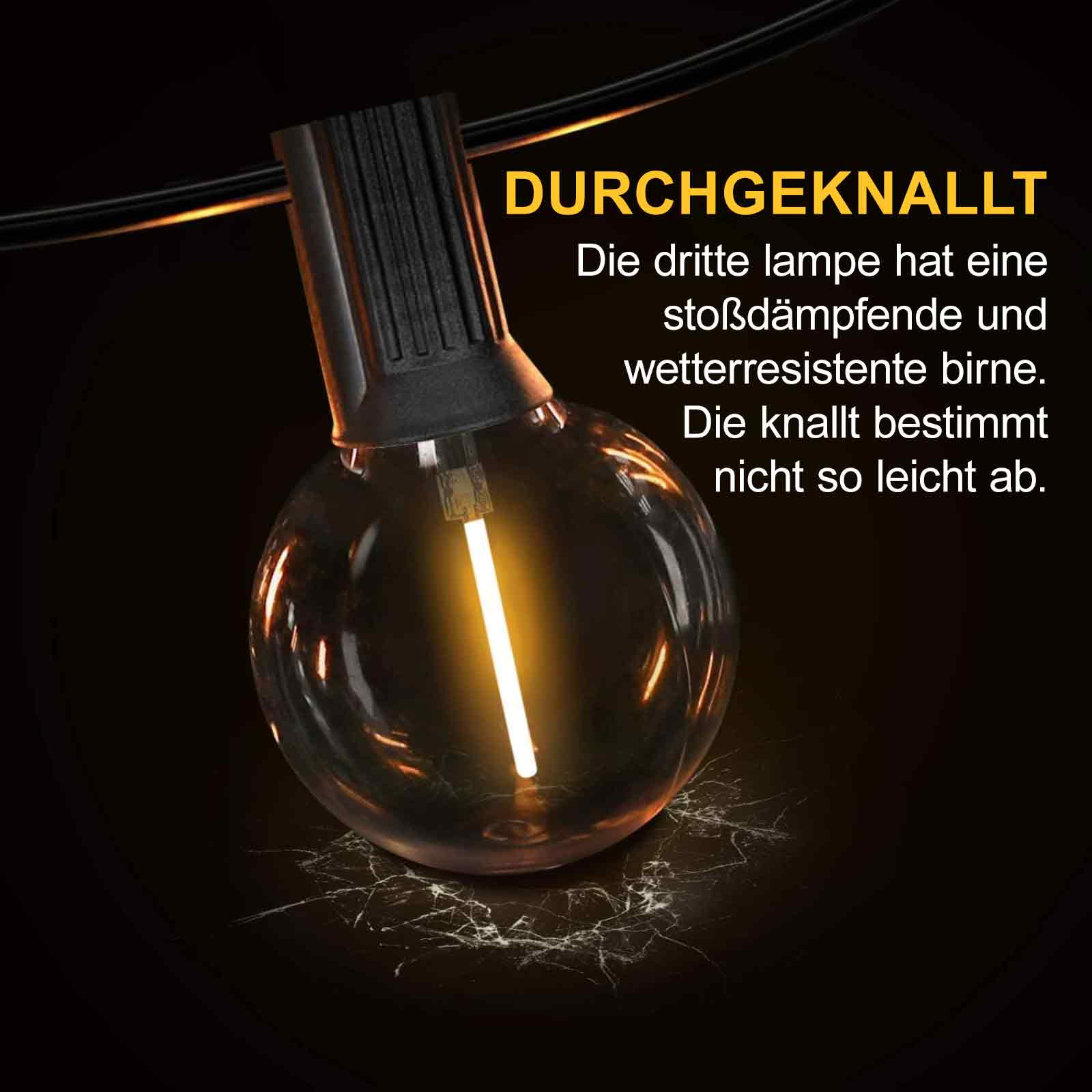 Nahaufnahme einer Glühbirne. Die Glühbirne leuchtet und Text ist auf dem Bild geschrieben.