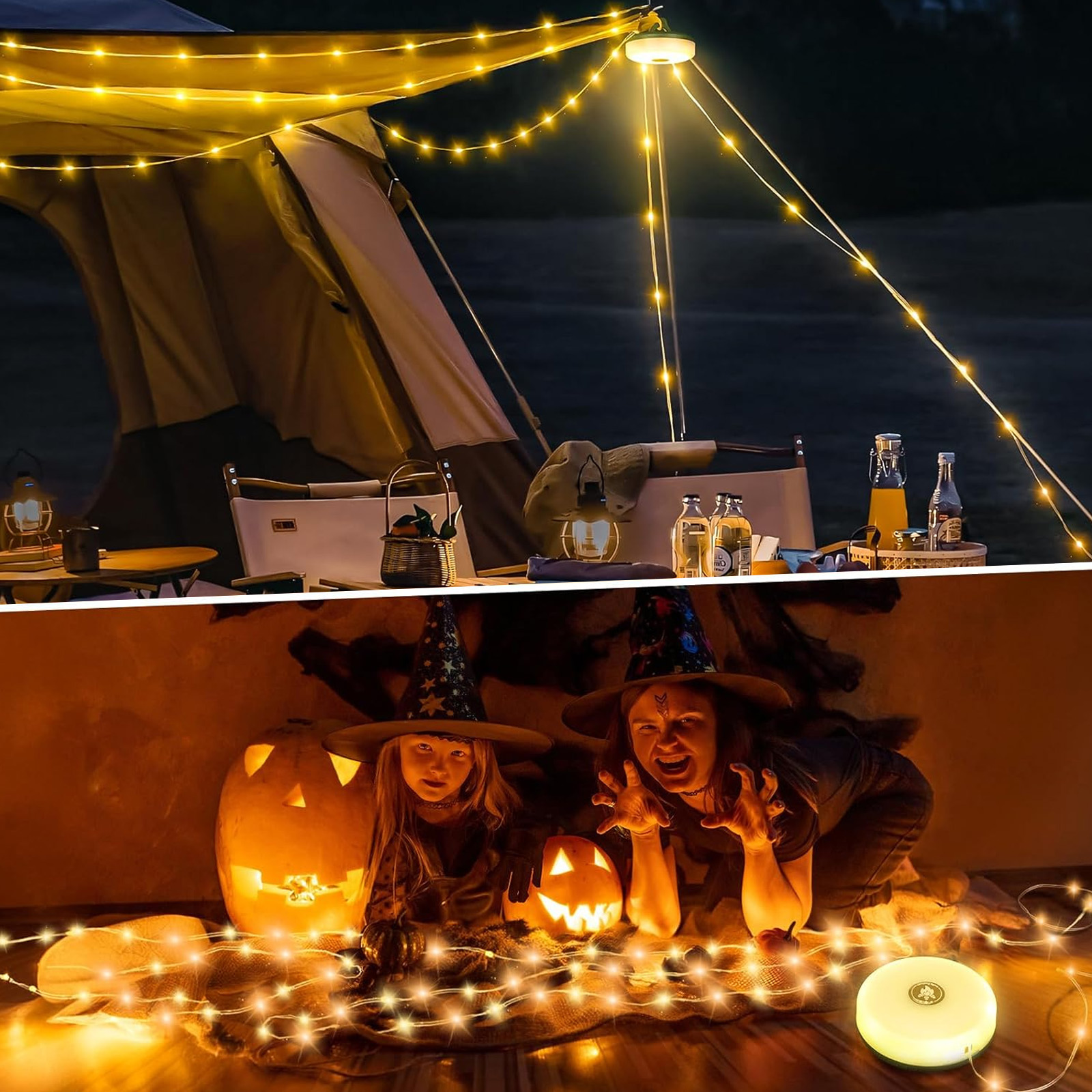 Halloween-Setup mit Lichtern und Dekorationen, zwei Kindern in Kostümen und einem Kürbis.