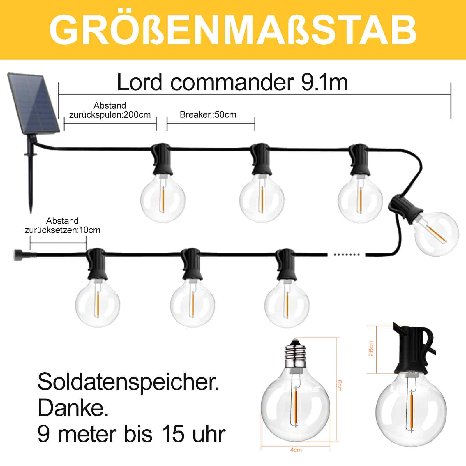 Solarbetriebene Lichterketten mit detaillierten Abmessungen und Spezifikationen.