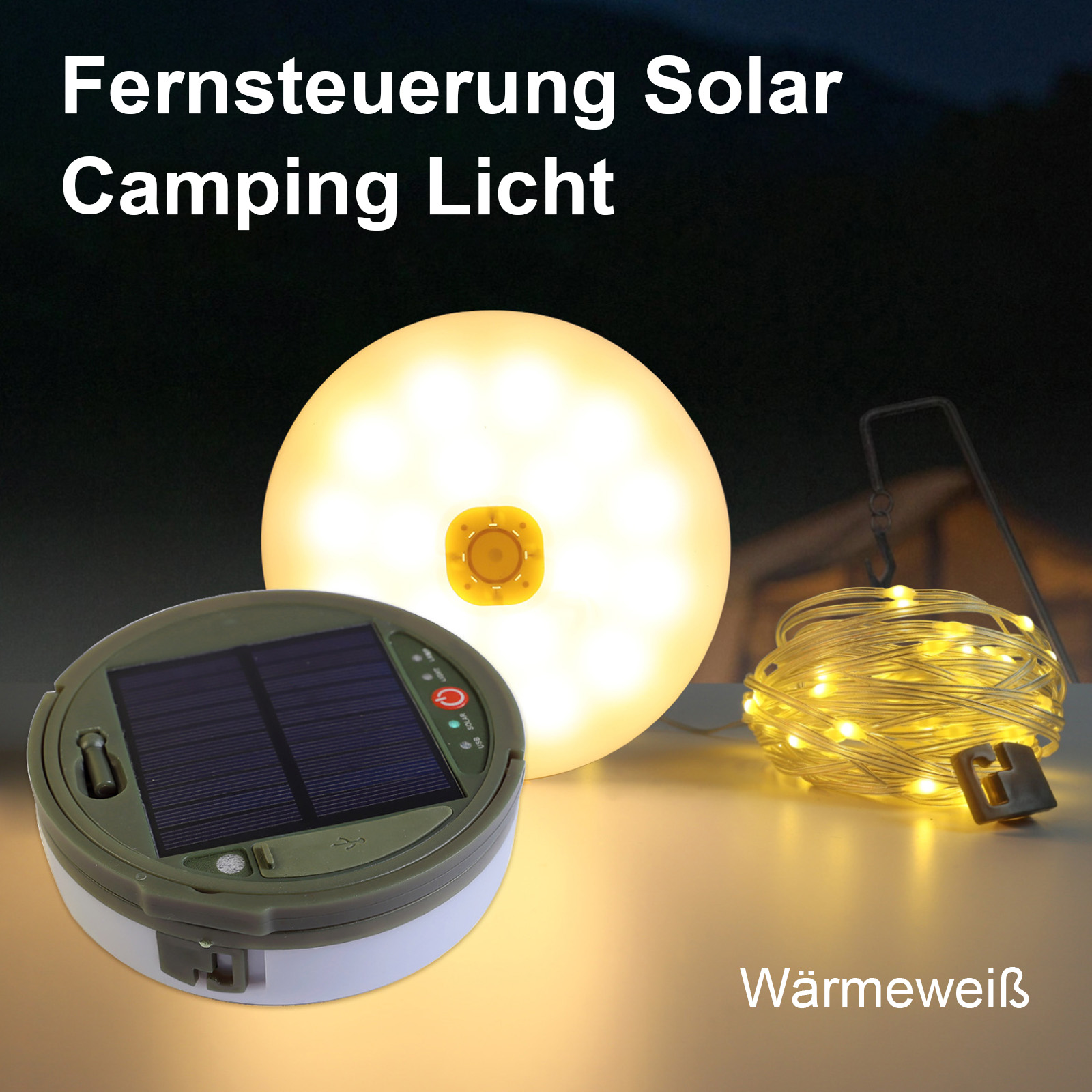 Solar Campinglicht mit Lichtquelle und Solarpanel, mit warmweißem Glühen.