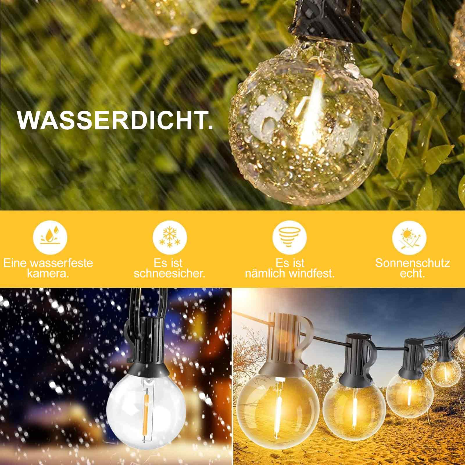 Wasserdichte Glühbirne mit Symbolen, die Funktionen anzeigen: wasserdicht, schneesicher, winddicht und Sonnenschutz.