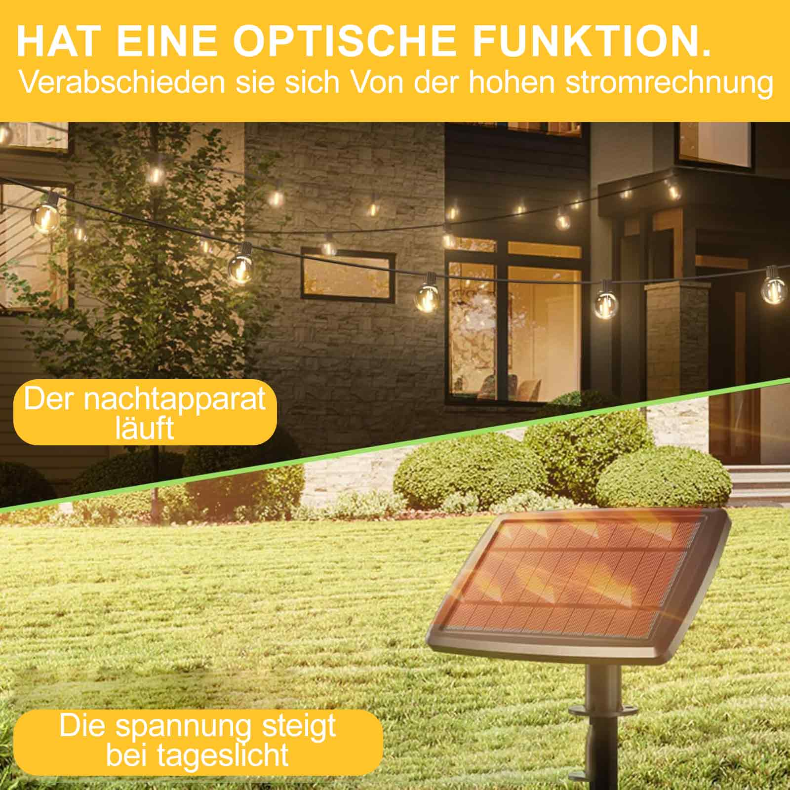Ein Solarpanel mit Lichterketten im Hintergrund, das die Verwendung von Solarenergie für die Beleuchtung veranschaulicht.
