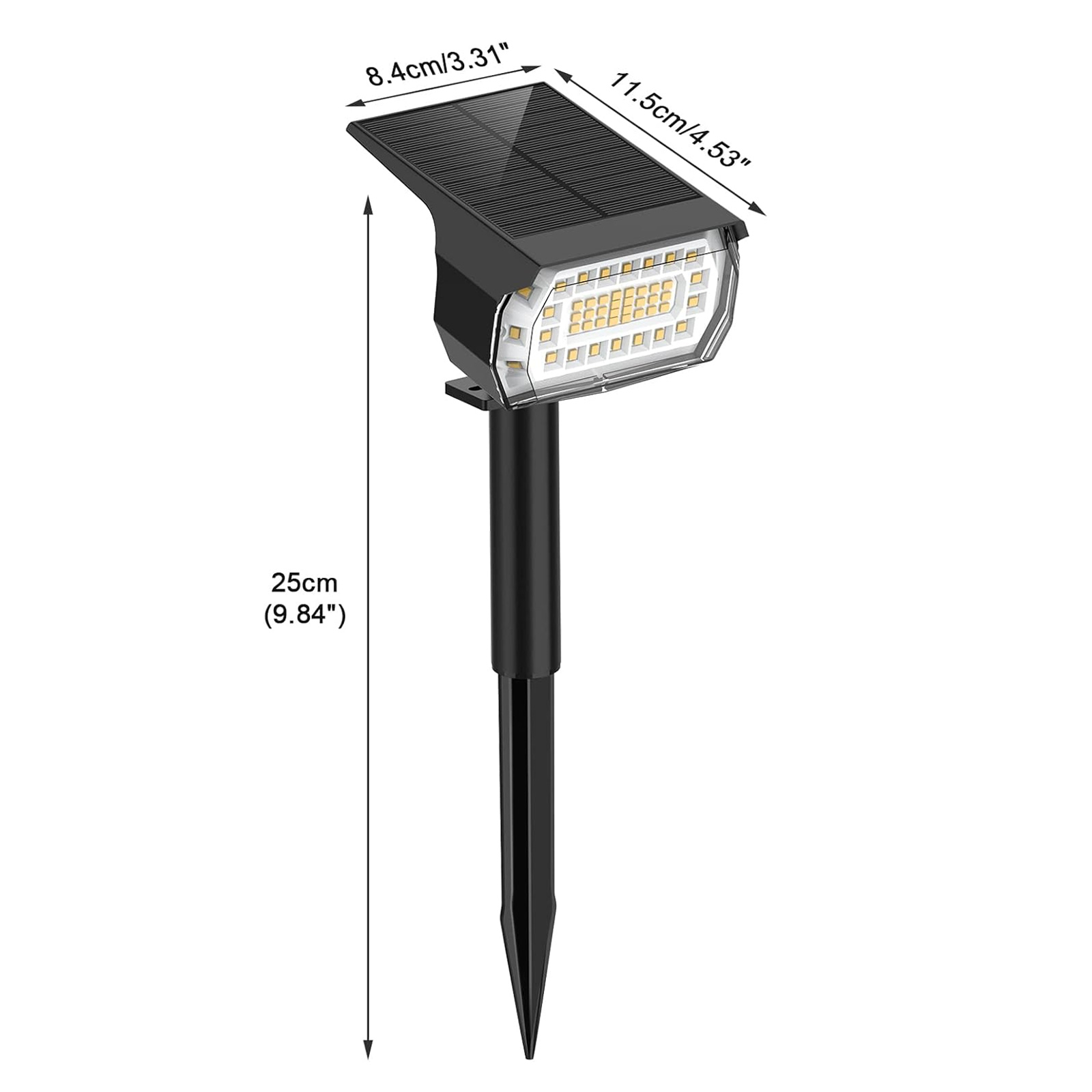 Solar-Strahler mit Abmessungen, zeigt ein Solarpanel und ein LED-Lichtarray mit einem spitzen Pfahl.