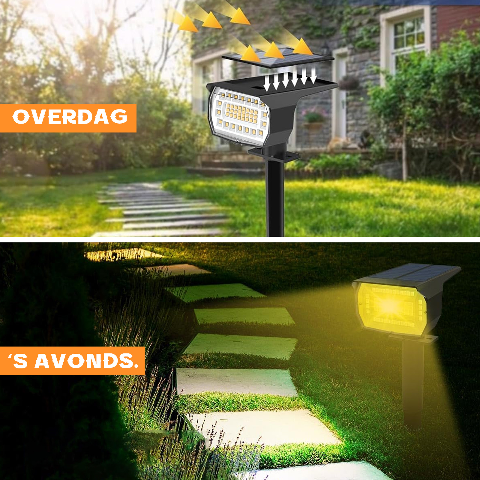 Solar-Strahler beleuchtet einen Weg mit einer Tages- und Nachtillustration.