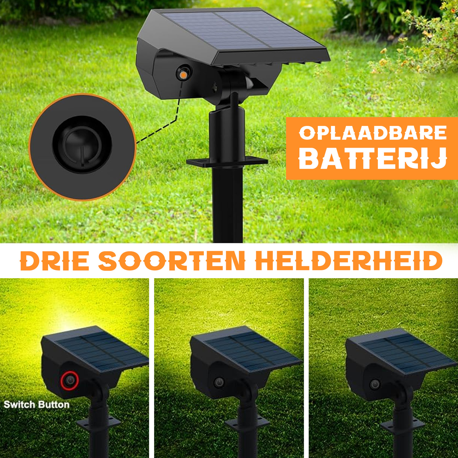Solarbetriebene Leuchte mit Solarpanel oben. Enthält einen Schalter und verschiedene Helligkeitseinstellungen, Text auf Niederländisch.