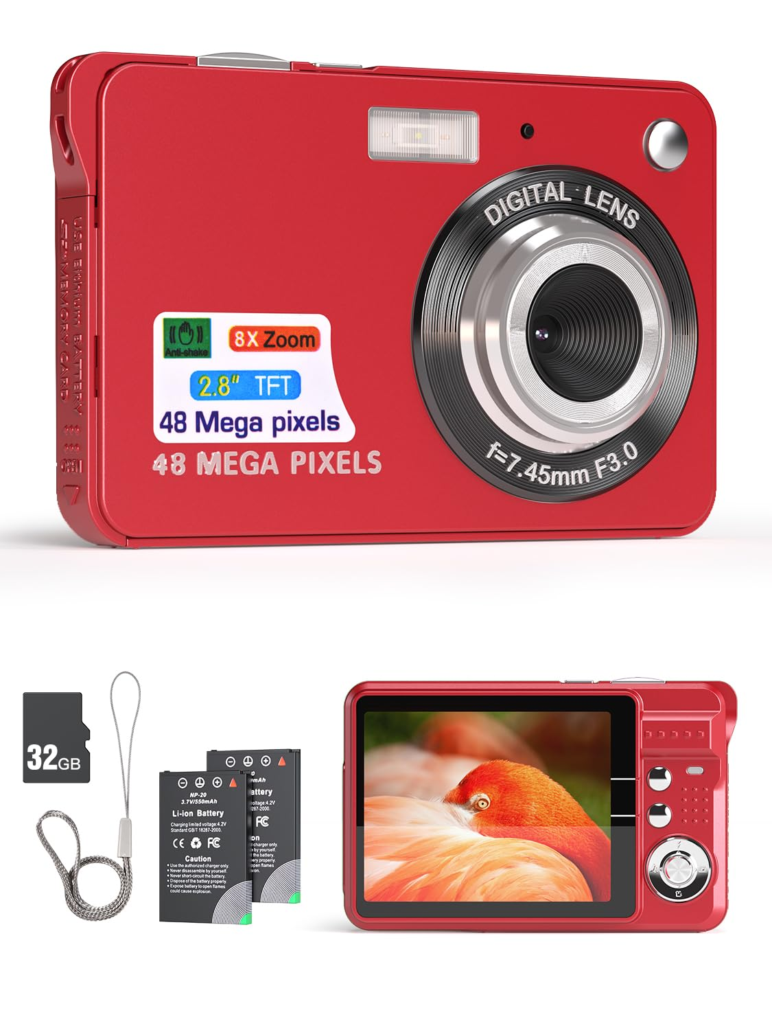 Rote Digitalkamera mit 48MP, Zoom und LCD-Bildschirm. Enthält Zubehör wie Akku und Speicherkarte.