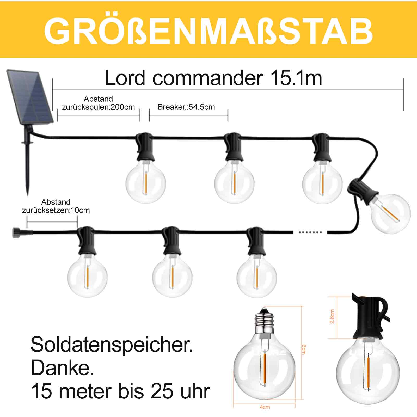 Diagramm von Lichterketten mit Maßen und Text, einschließlich Solarpanel und Nahaufnahmen von Glühbirnen.