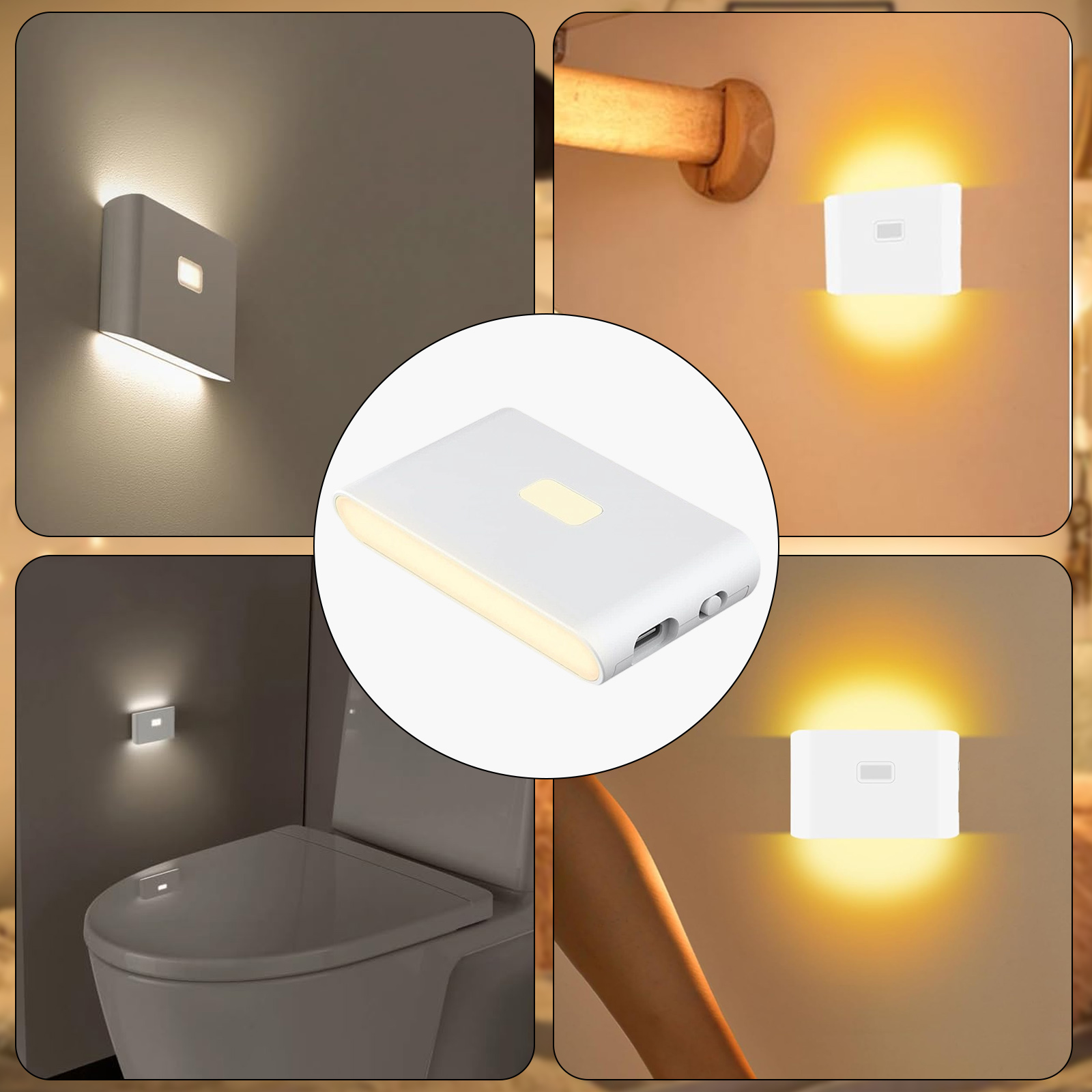 Weißes Nachtlicht. Das Licht ist an. Es ist an der Wand und am Schrank installiert.