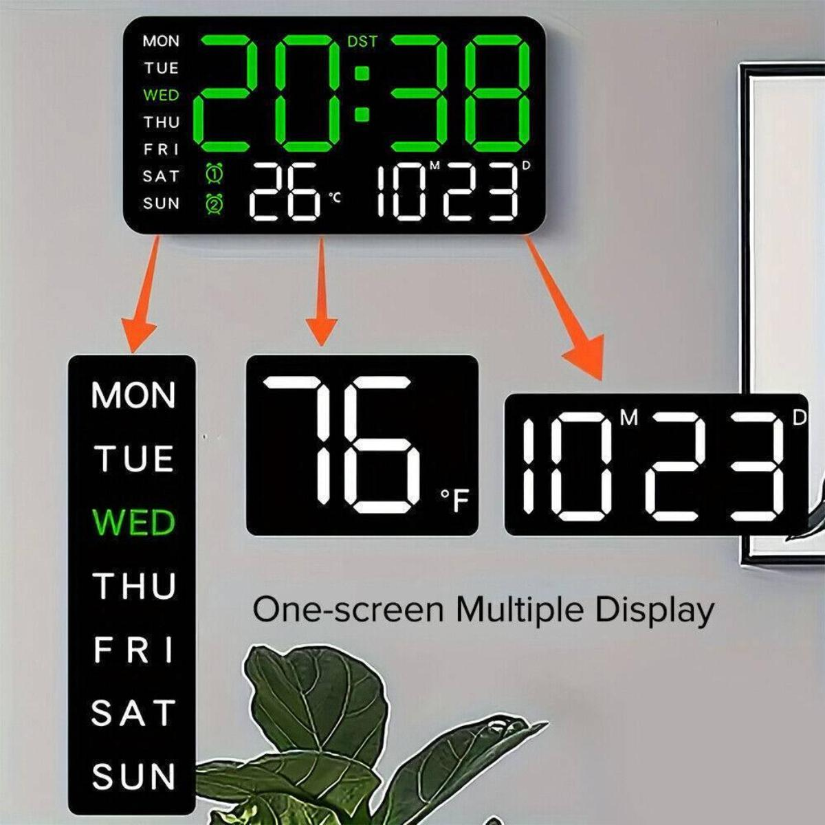 Digitaluhr mit Zeit-, Datums- und Temperaturanzeige. Wochentage, Temperatur in Fahrenheit und Datum werden angezeigt.