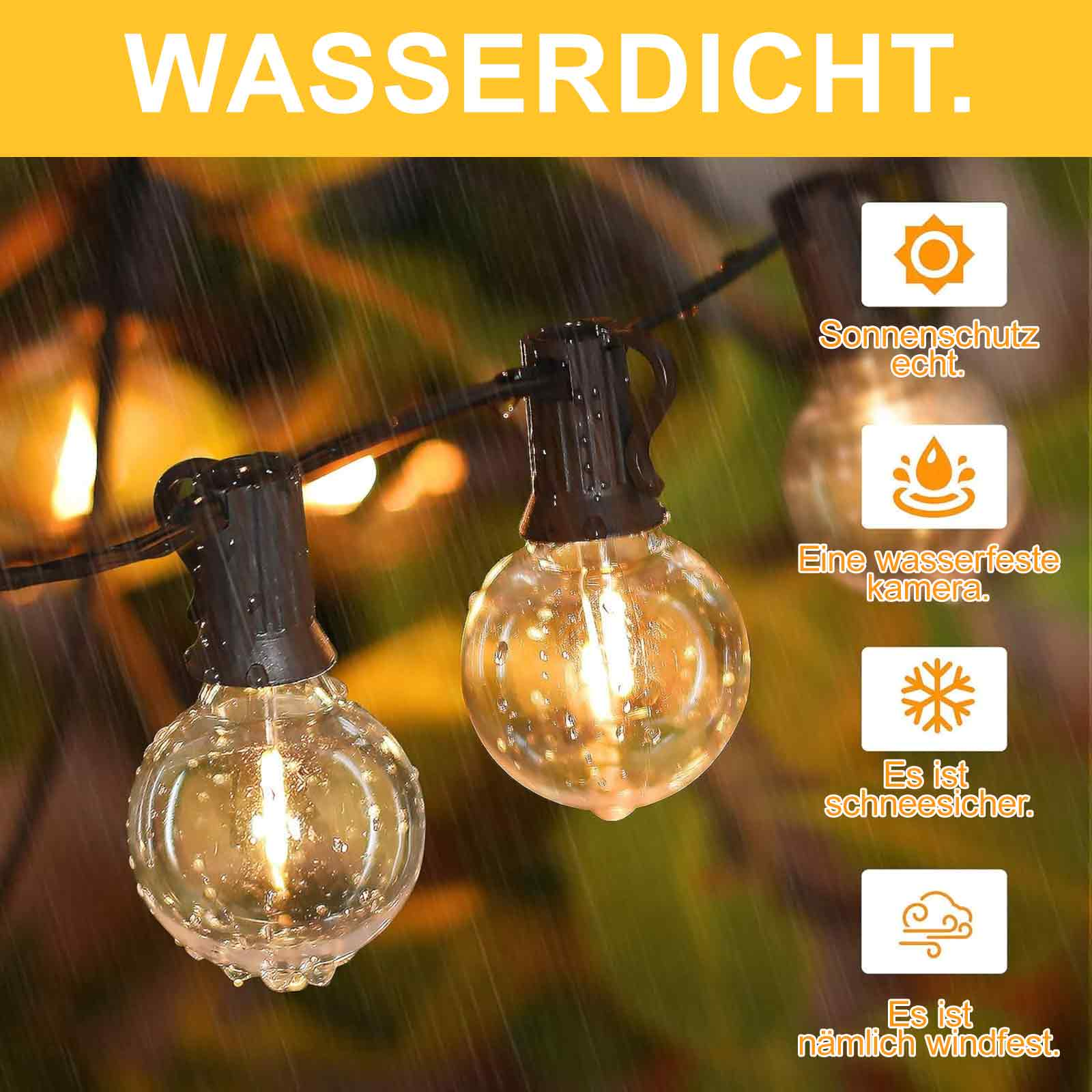 Wasserdichte Lichterkette mit vier Symbolen, die Sonnenschutz, wasserdichte Kamera, schneefeste und winddichte Eigenschaften anzeigen.