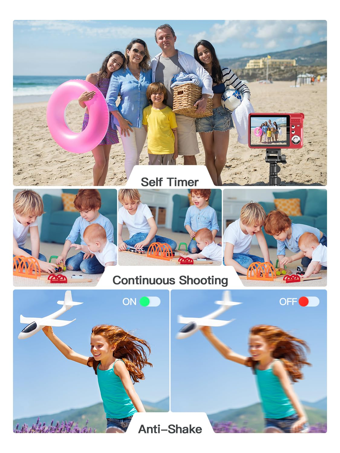 Familie am Strand beim Fotografieren, ein Mädchen mit einem Spielzeugflugzeug und Kinder, die am Strand spielen.