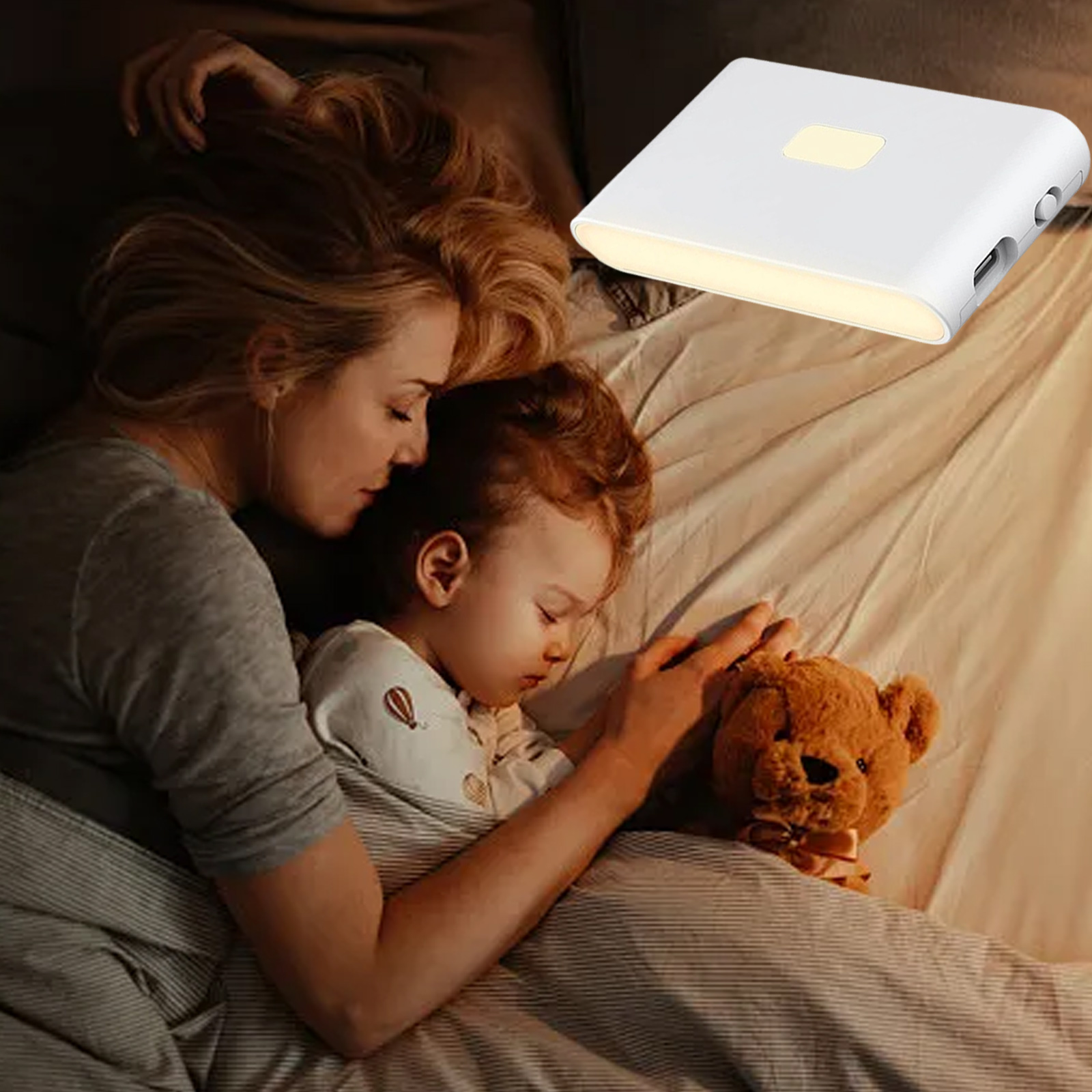Eine Frau und ein Kind im Bett. Das Kind umarmt einen Teddybär. Ein weißes Nachtlicht befindet sich oben.