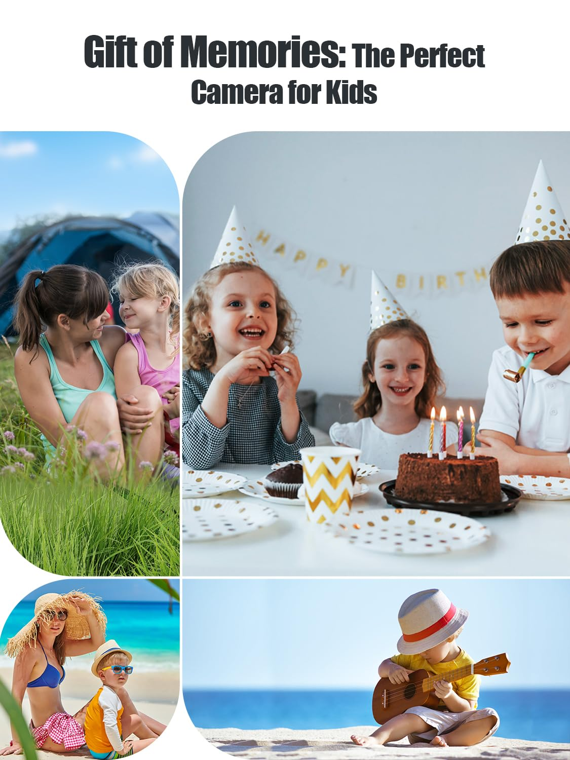 Mehrere Bilder von Kindern. Geburtstagsparty, Camping, Strand und ein Kind, das Ukulele spielt.