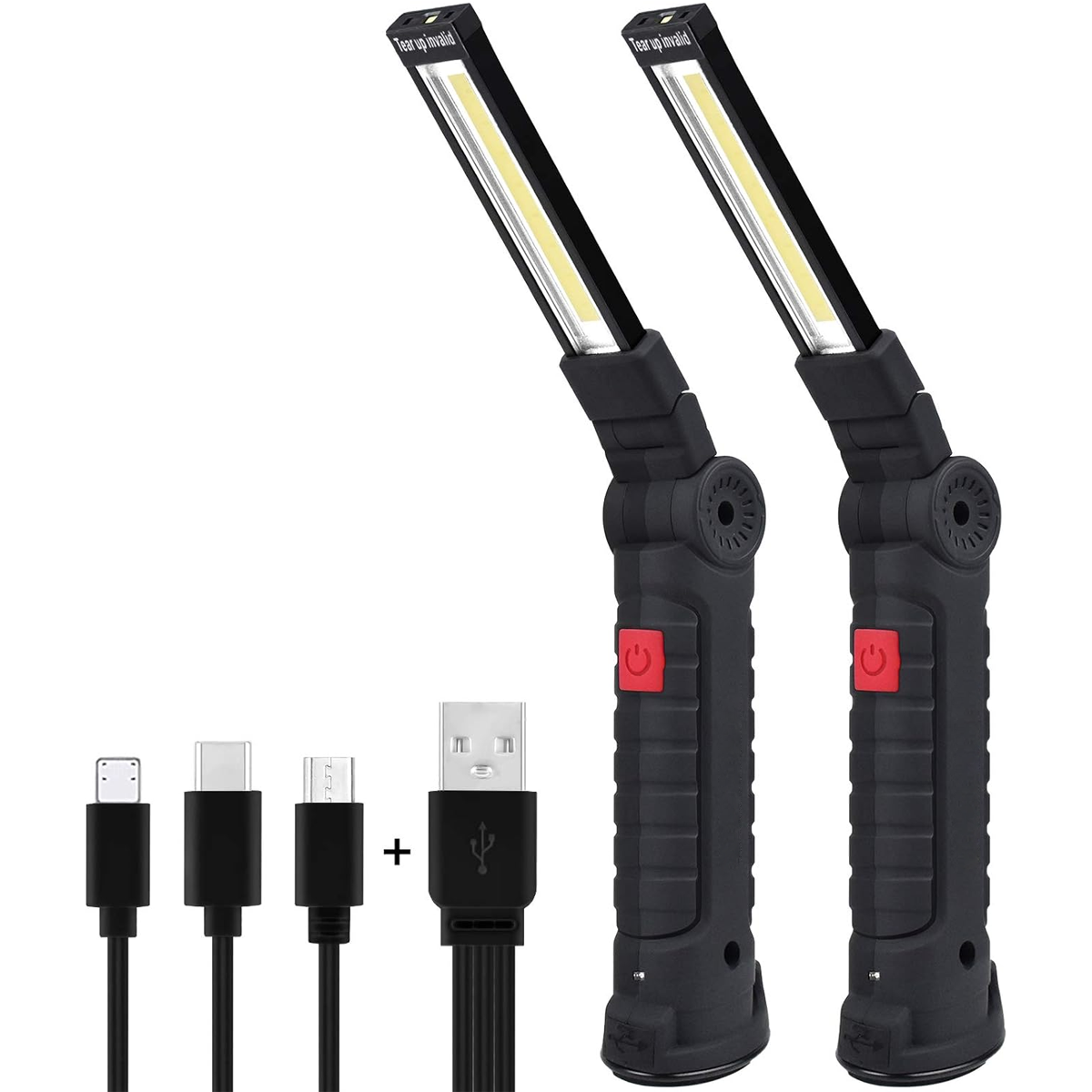 Zwei schwarze Arbeitsleuchten mit roten Knöpfen. Kabel sind vorne: USB und drei verschiedene Ladetypen.