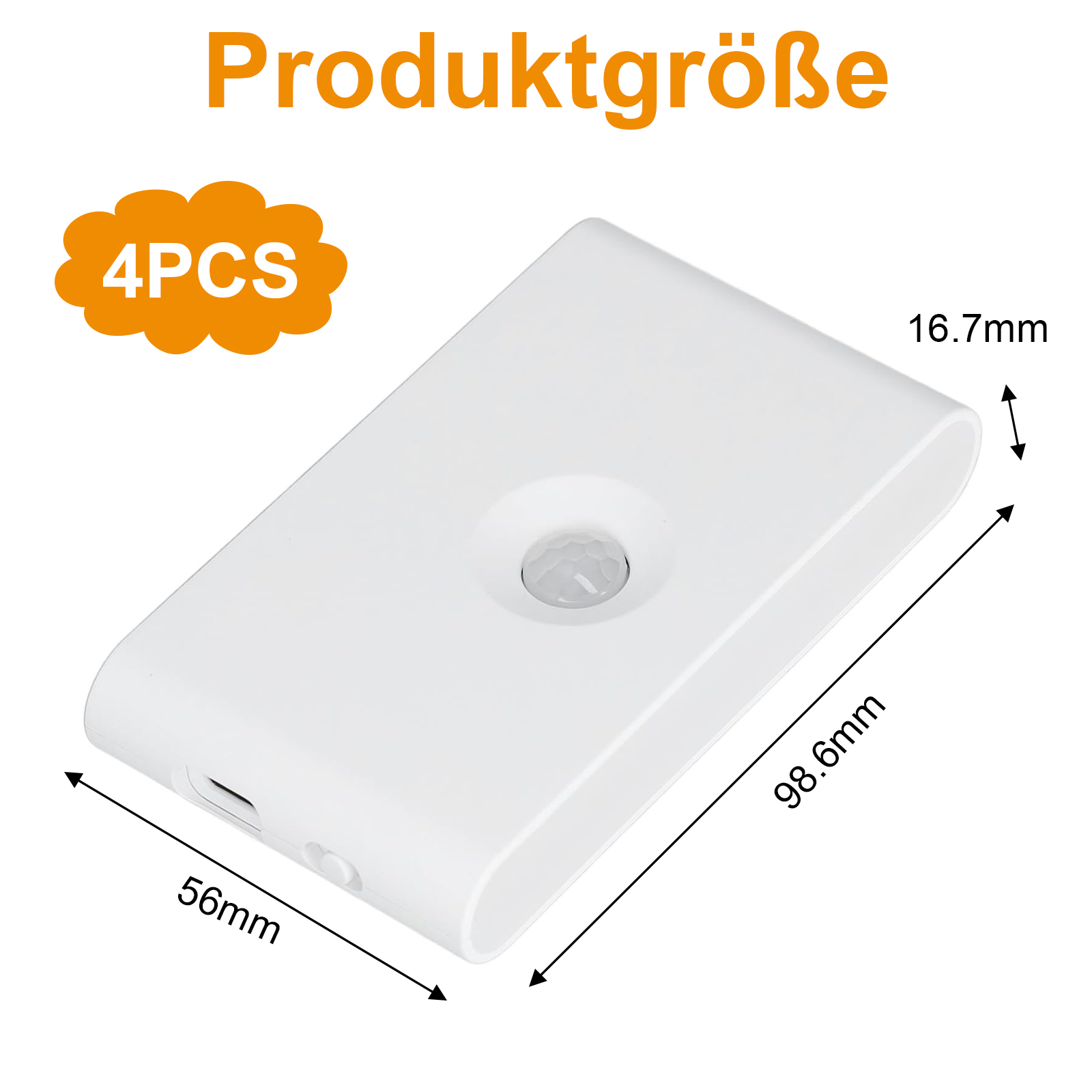 Ein weißer rechteckiger Sensor mit Maßen. Es lautet: 56 mm x 98,6 mm x 16,7 mm. 4 STÜCK sind darauf markiert.