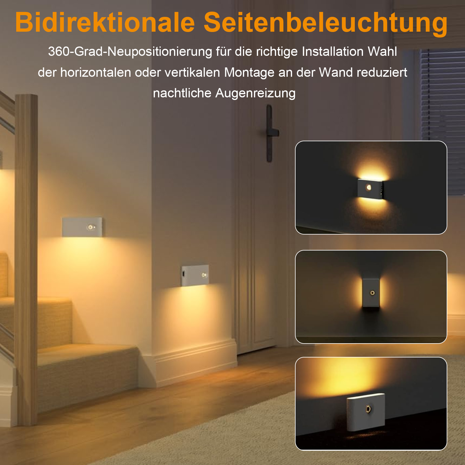 Drei Wandleuchten mit unterschiedlichen Lichtrichtungen. Text: Bidirektionale Seitenbeleuchtung.