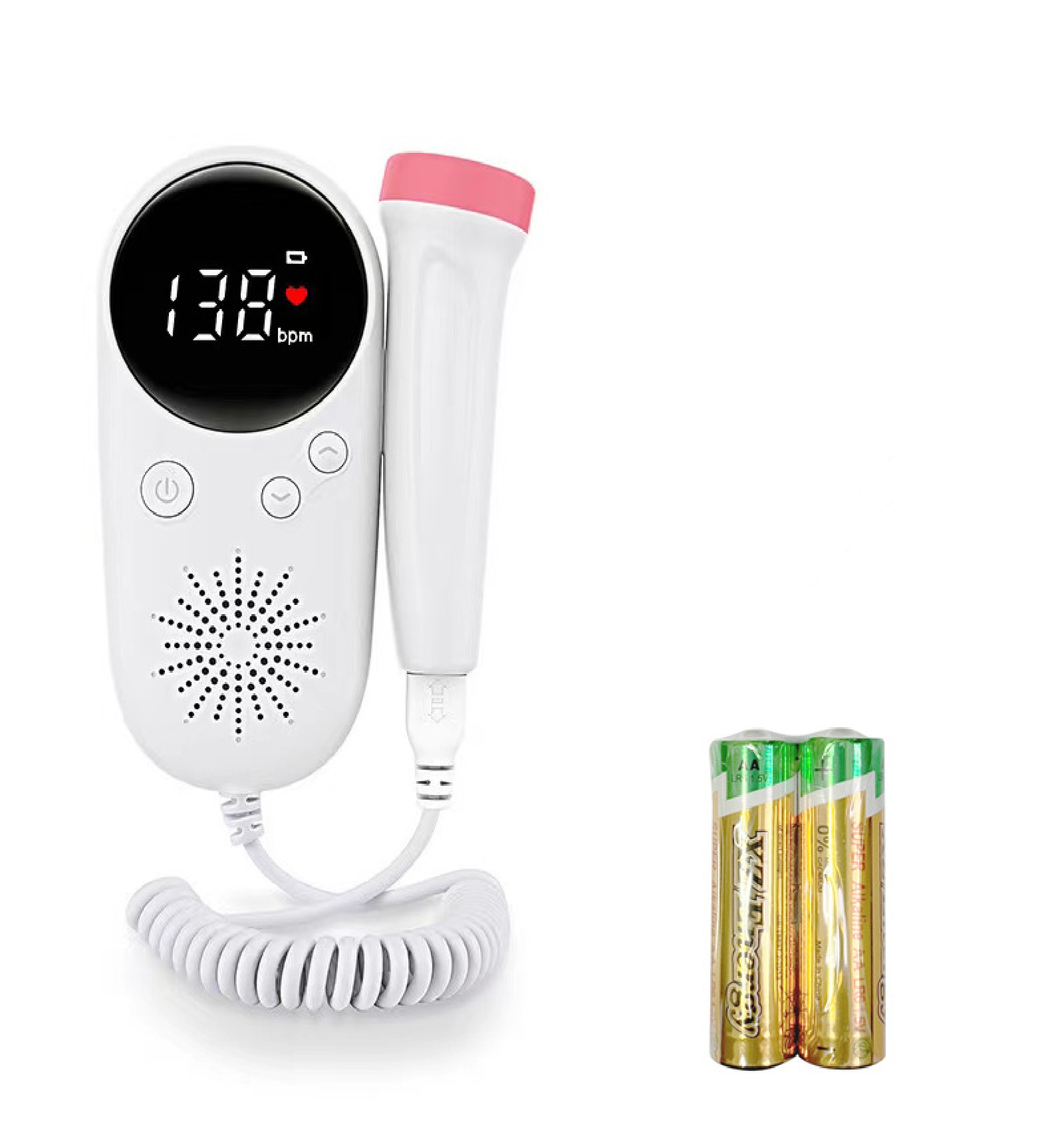 Weißer Fetaldoppler mit rosa Kopf, Anzeige mit Zahl, und zwei Batterien.