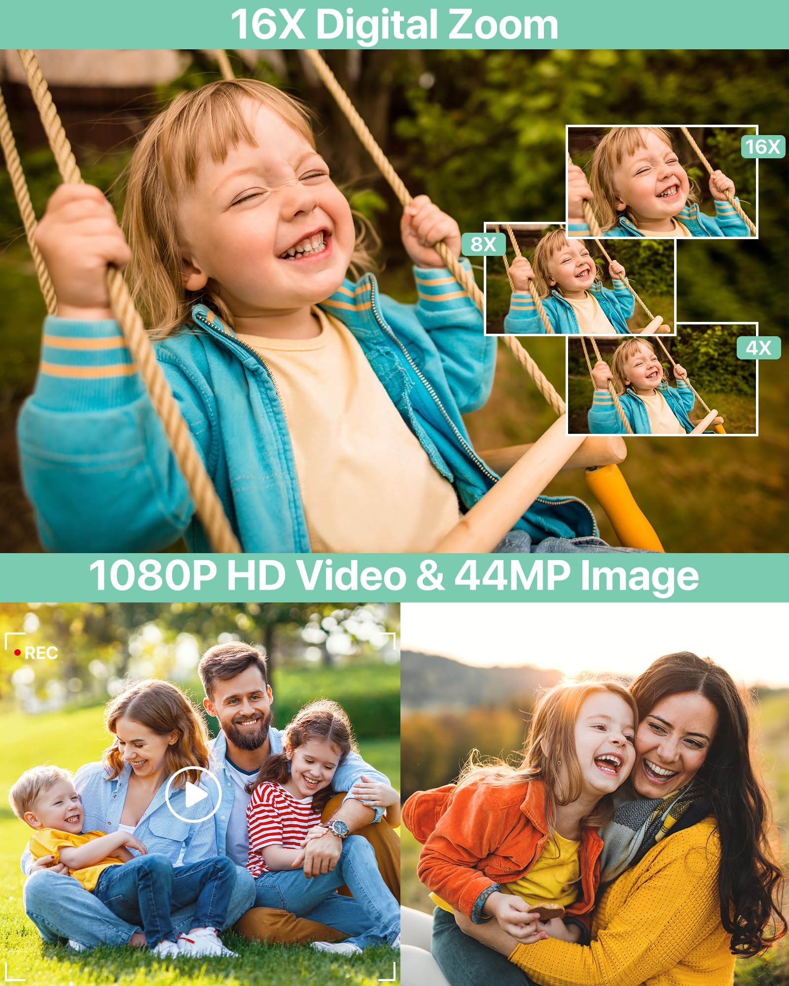 Familie auf einer Schaukel. Zoom-Optionen zeigen 4x, 8x und 16x. 1080P HD Video & 44MP Bild.