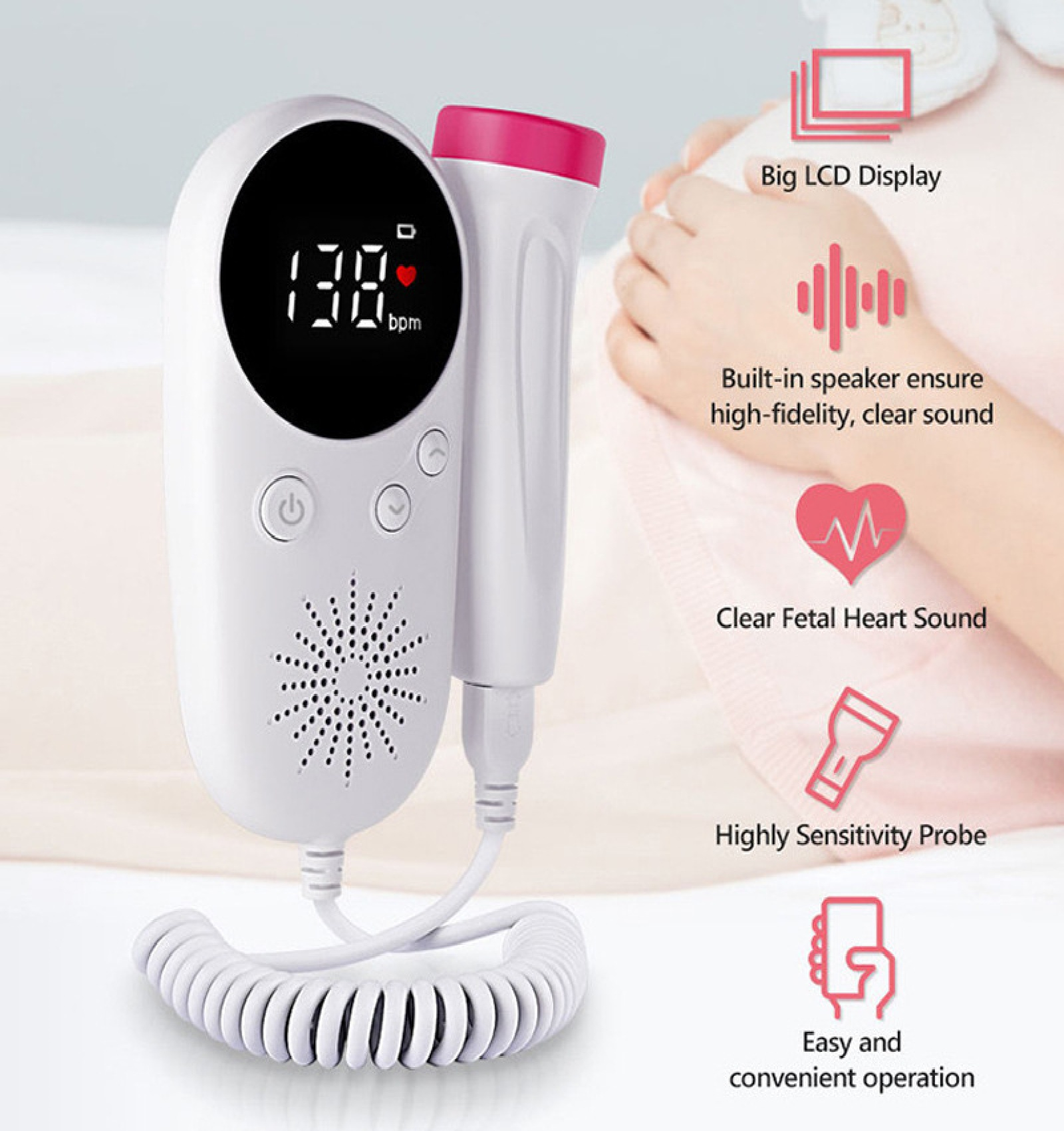 Fetal-Herzmonitor mit LCD und Sonde. Zeigt Herzfrequenz und Funktionen.
