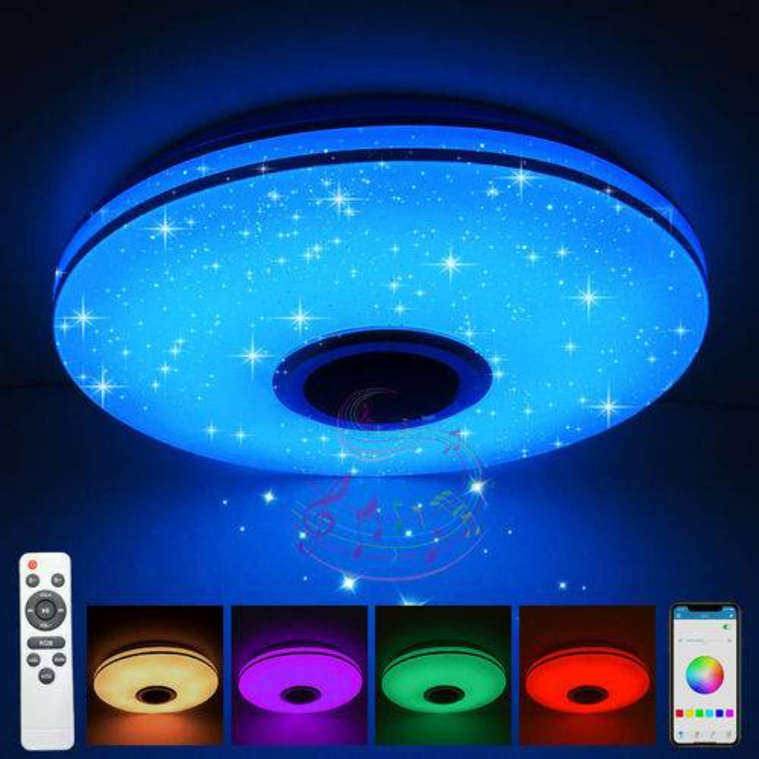 Blaue Deckenleuchte mit Sternen, Fernbedienung und Telefonen mit Lichtfarboptionen.