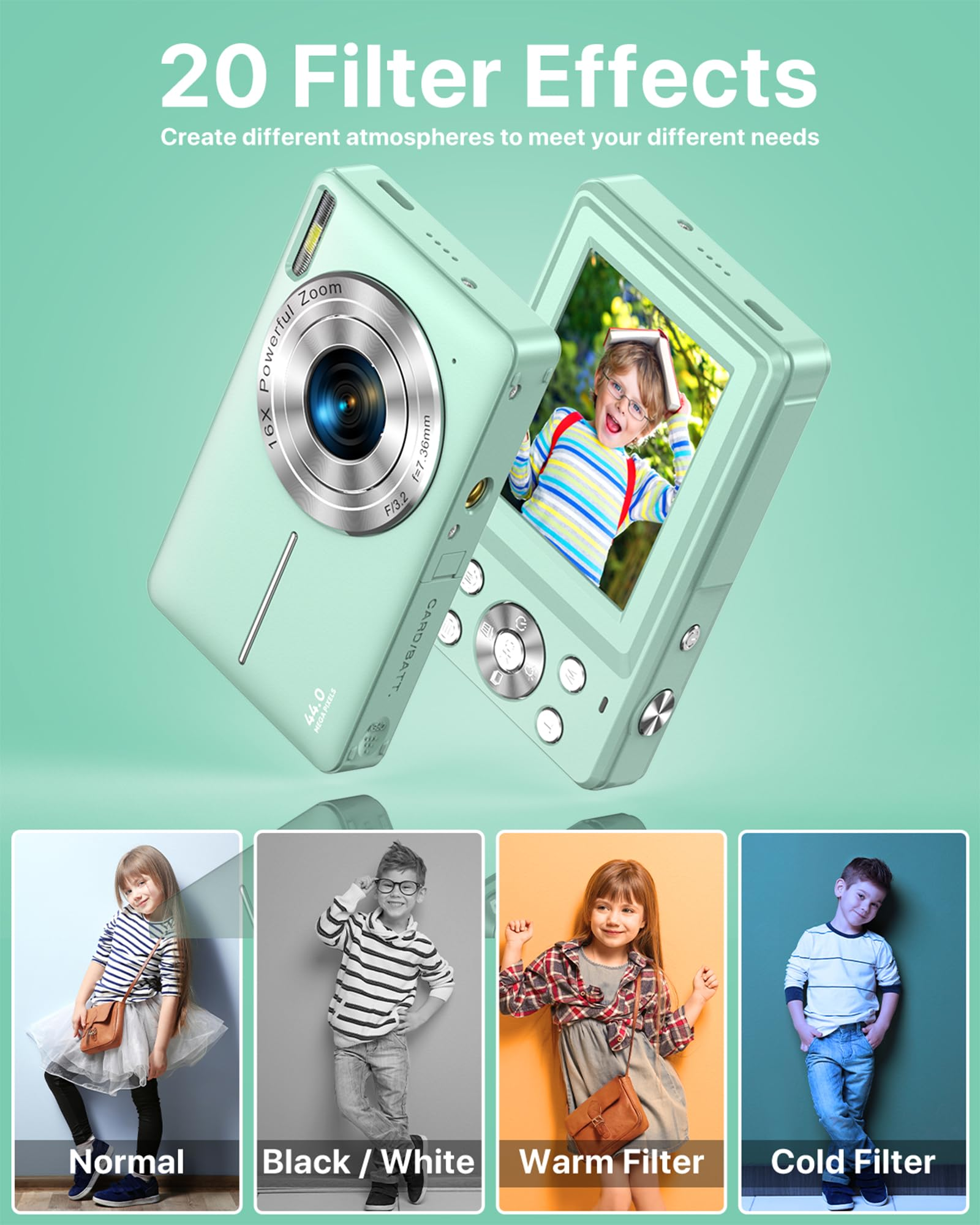 Mintgrüne Kamera mit Zoomobjektiv und Display mit Kinderfoto, zeigt auch Filtereffekte.