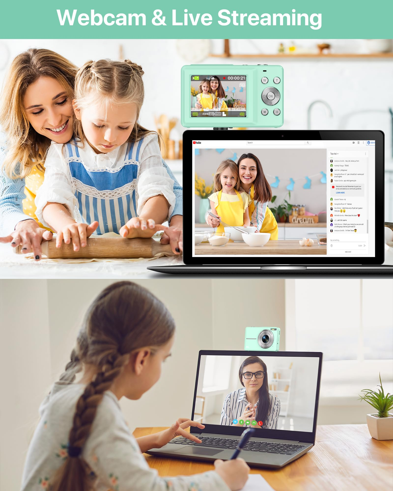 Frau und Mädchen verwenden eine Kamera für Live-Streaming. Ein Laptop zeigt den Live-Feed und die Kamera.