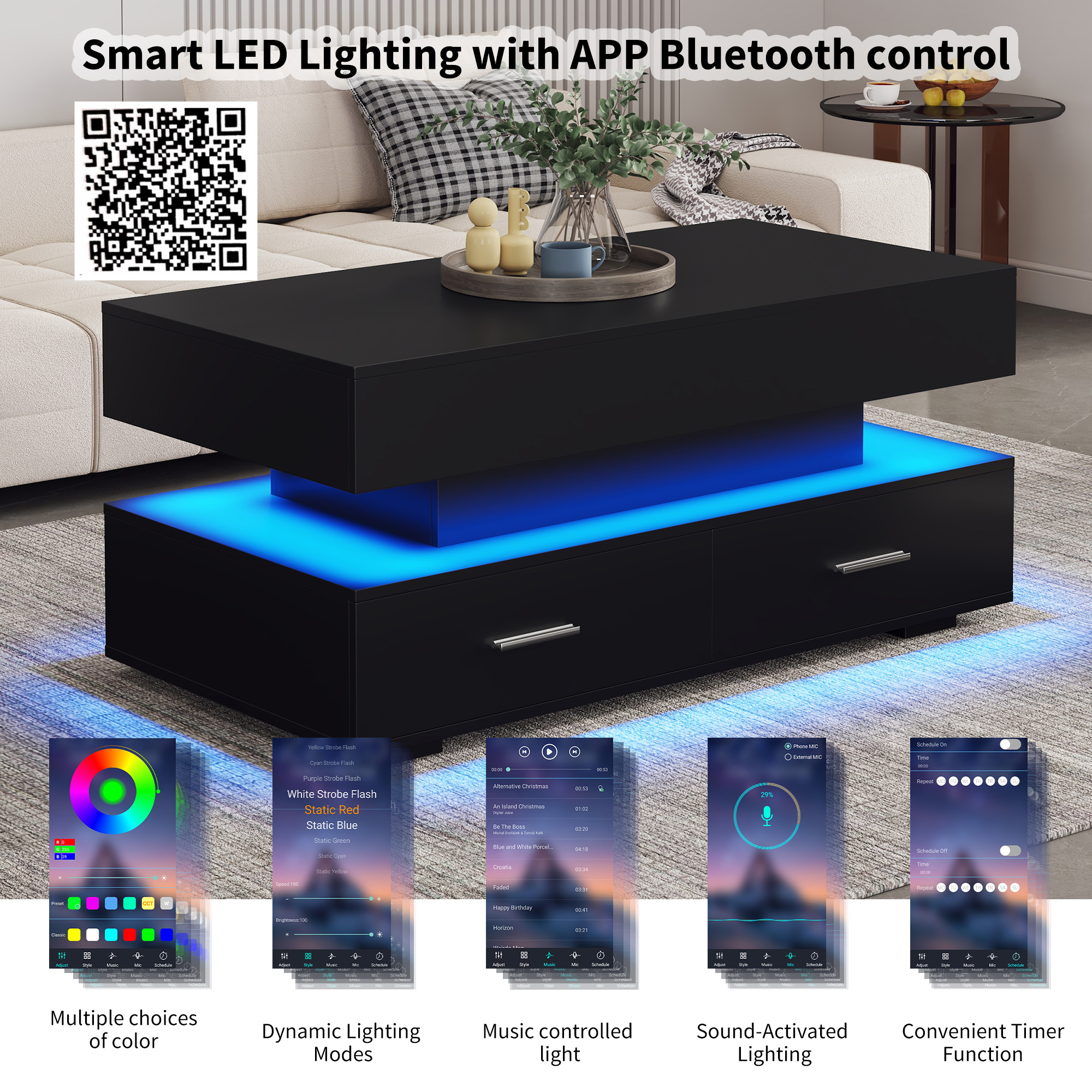 Ein schwarzer Couchtisch mit LED-Beleuchtung und Smartphone-Oberfläche. Zeigt mehrere Beleuchtungsmodi und Funktionen.