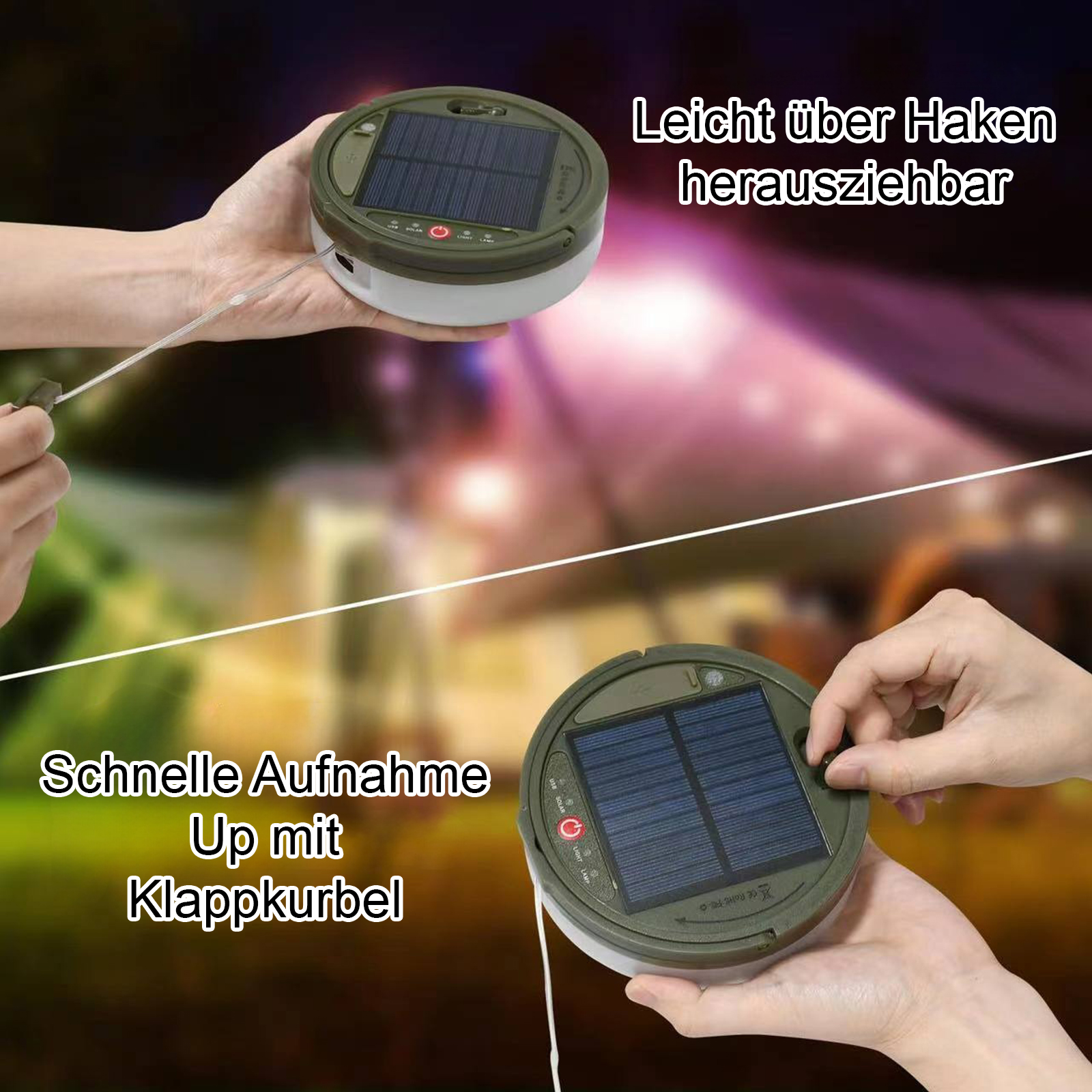 Hände halten eine solarbetriebene Leuchte. Text: Schnelles Aufnehmen mit Klappkurbel. Licht kann mit Haken herausgezogen werden.