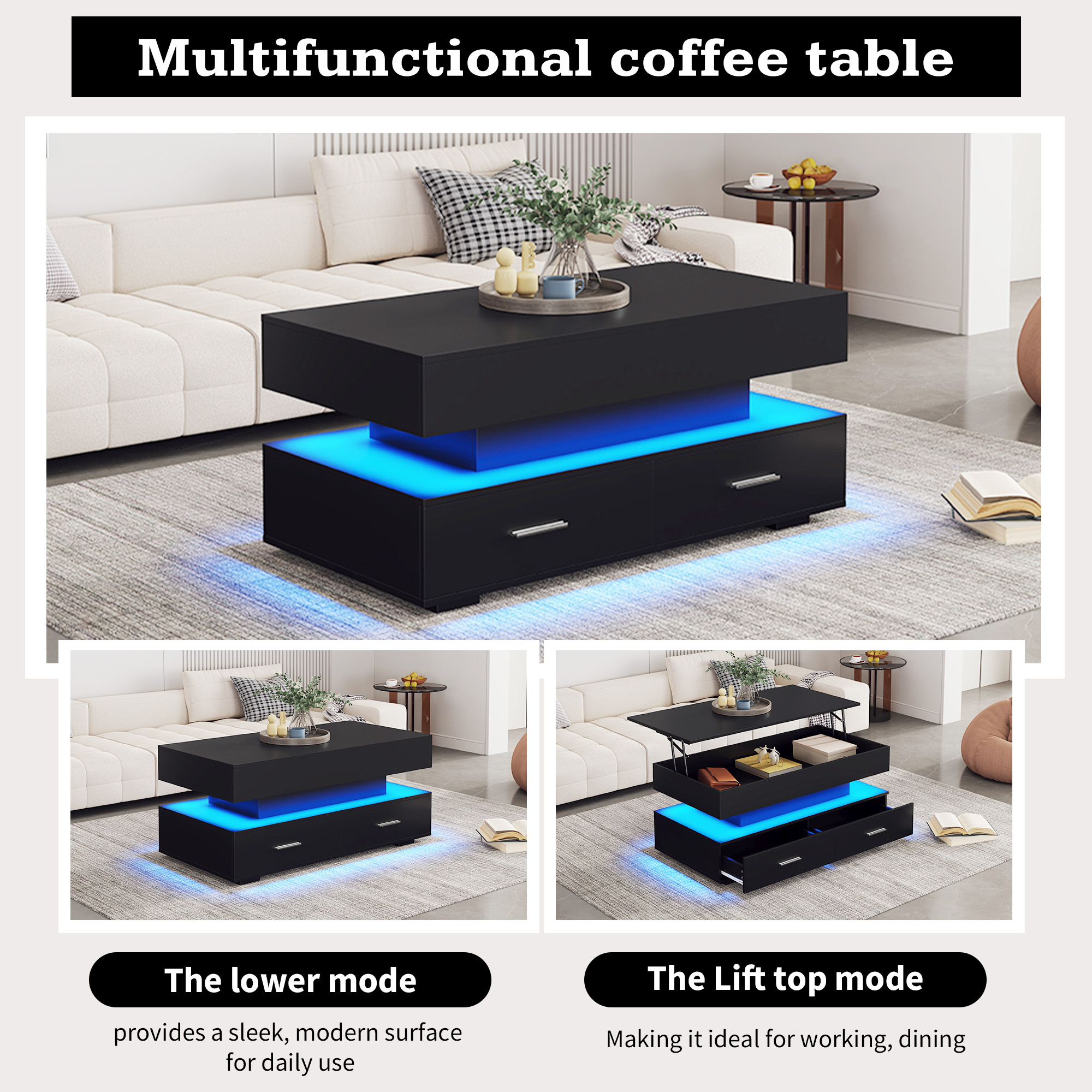 Schwarzer Couchtisch mit Hubtisch, blauer LED-Beleuchtung und Schubladen. Zeigt zwei Modi.