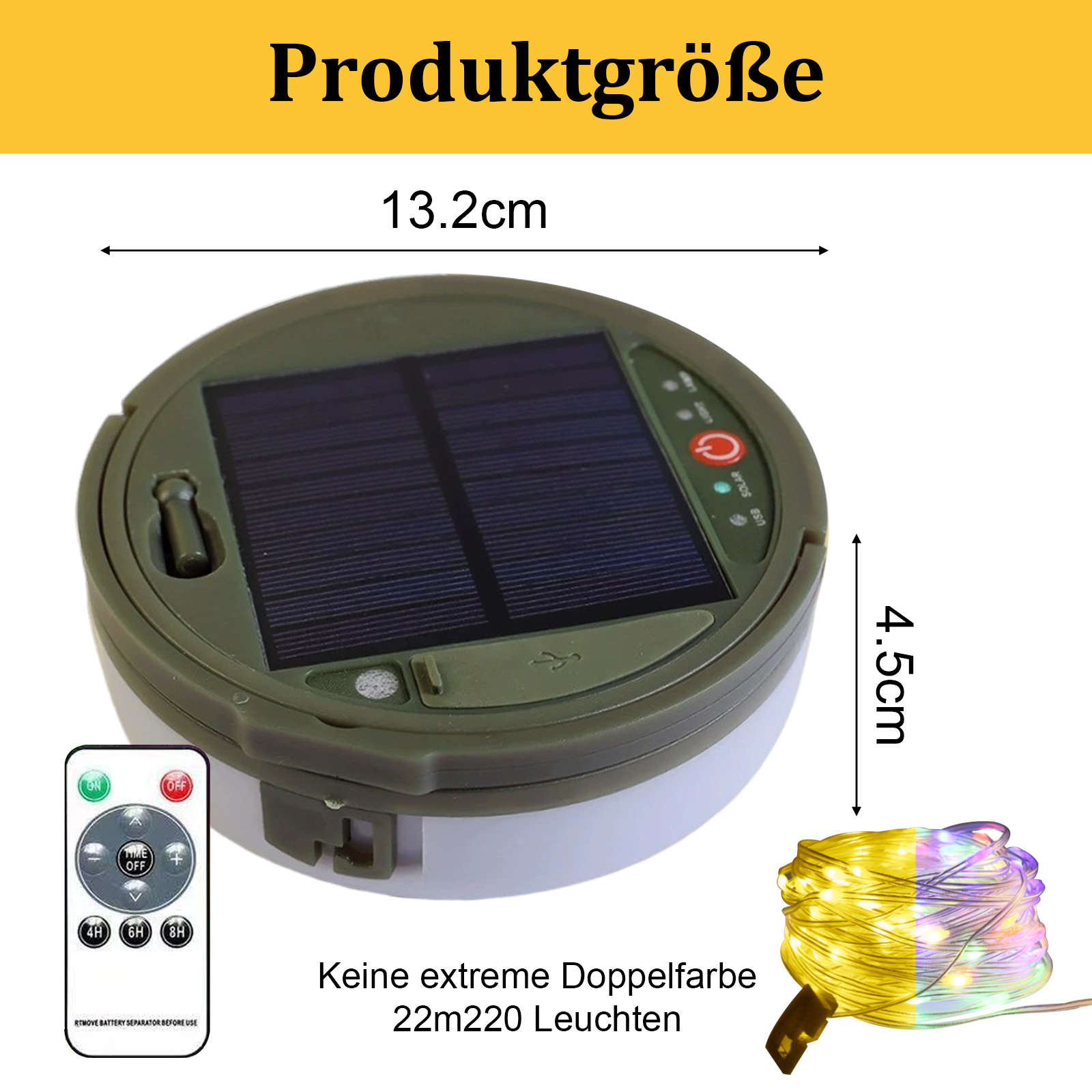 Ein runder solarbetriebener Licht mit den Maßen 13,2 cm und 4,5 cm. Es hat eine Fernbedienung und eine Lichterkette.